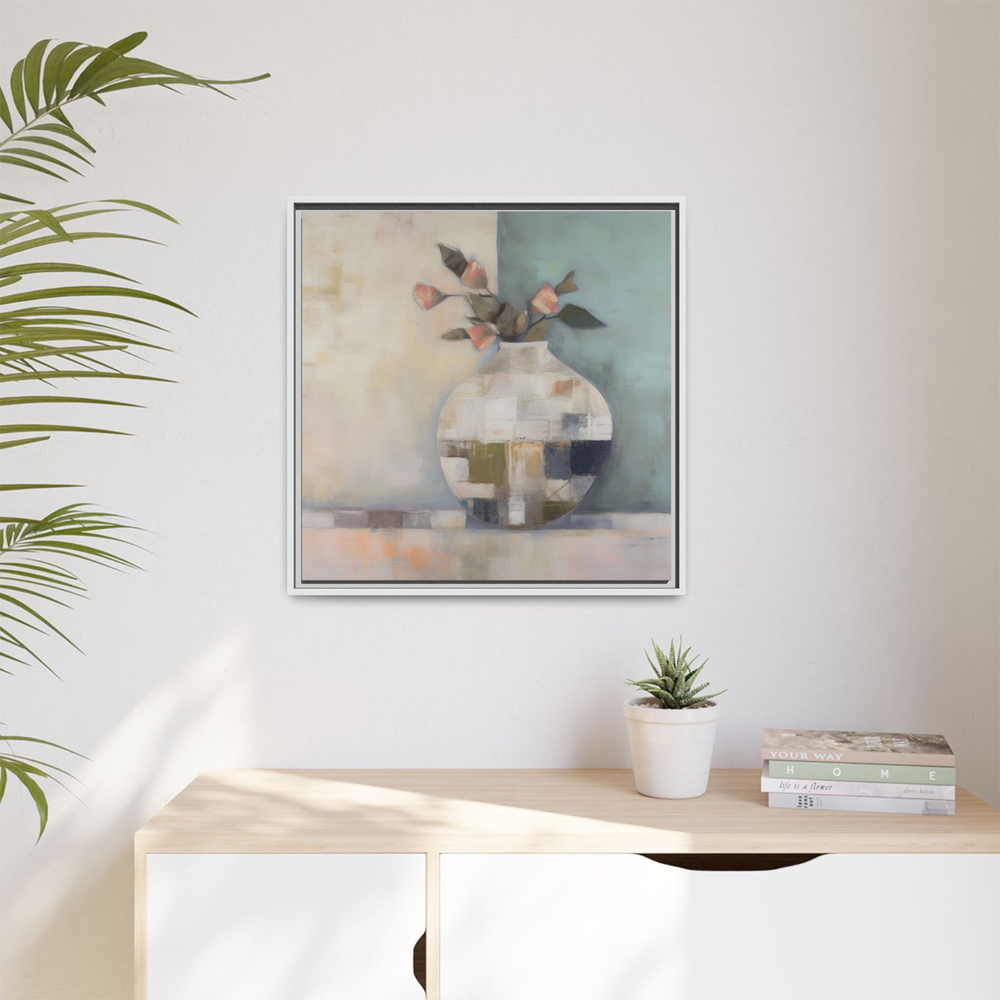Geometric Floral Still Life Wall Art – Framed Abstract Canvas with Vase and Blush Pink Buds in modern interior setting