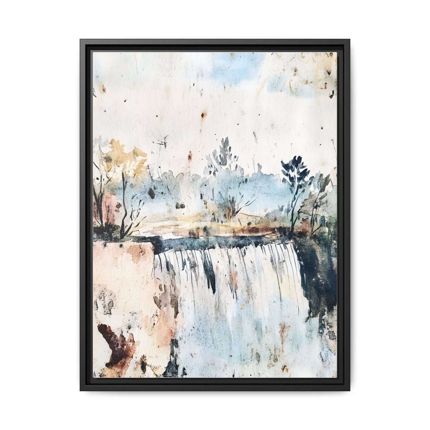 Framed watercolor wall art featuring a serene landscape with trees and a waterfall, ideal for home decor in various sizes and orientations.