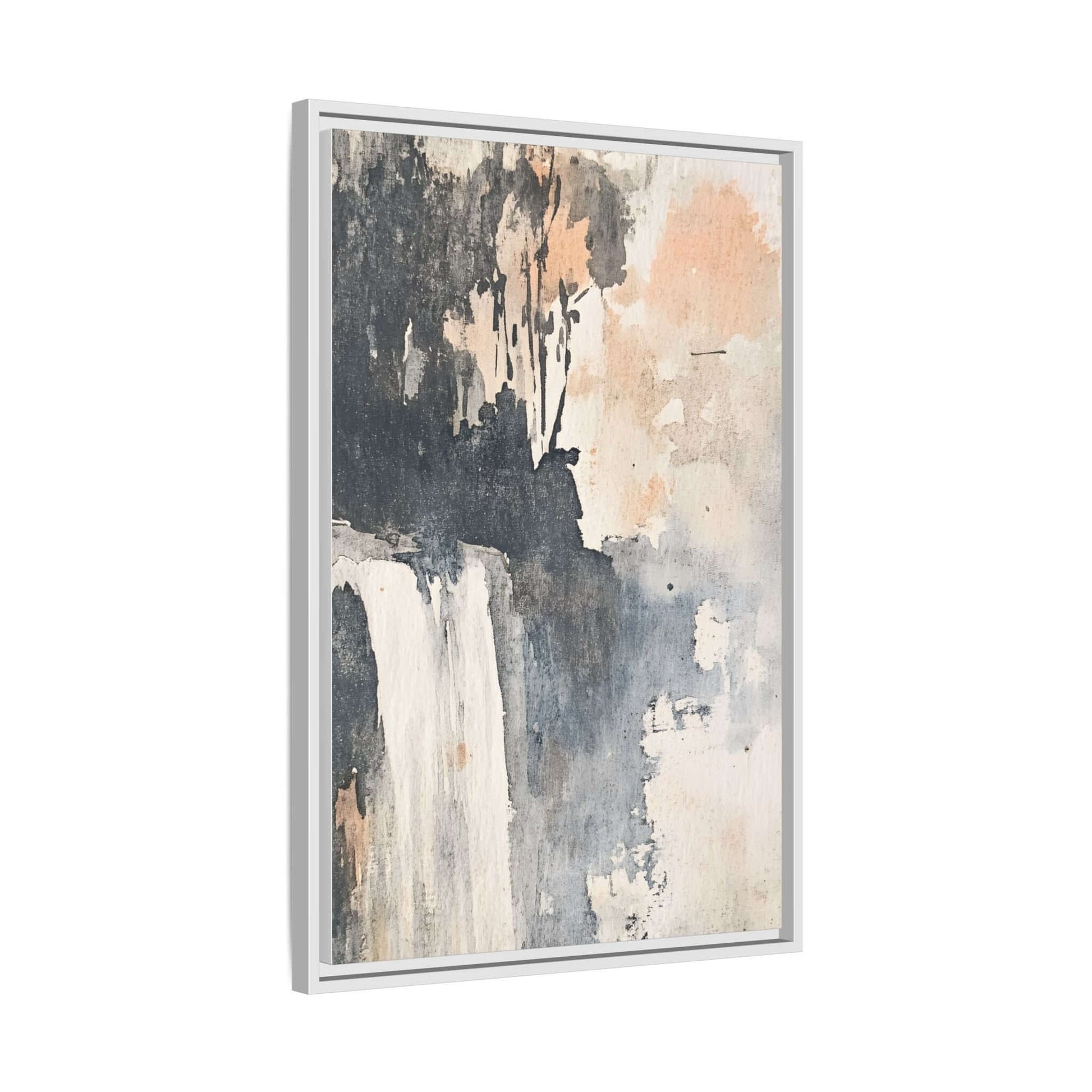 Framed vertical waterfall art print on matte canvas, featuring abstract nature scene for home decor.