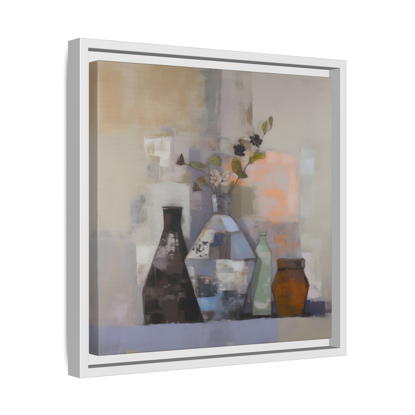 Earthy Bottle Still Life Wall Art – Framed Abstract Canvas with Geometric Vases in Neutral Tones, featuring modern patchwork brushstrokes.