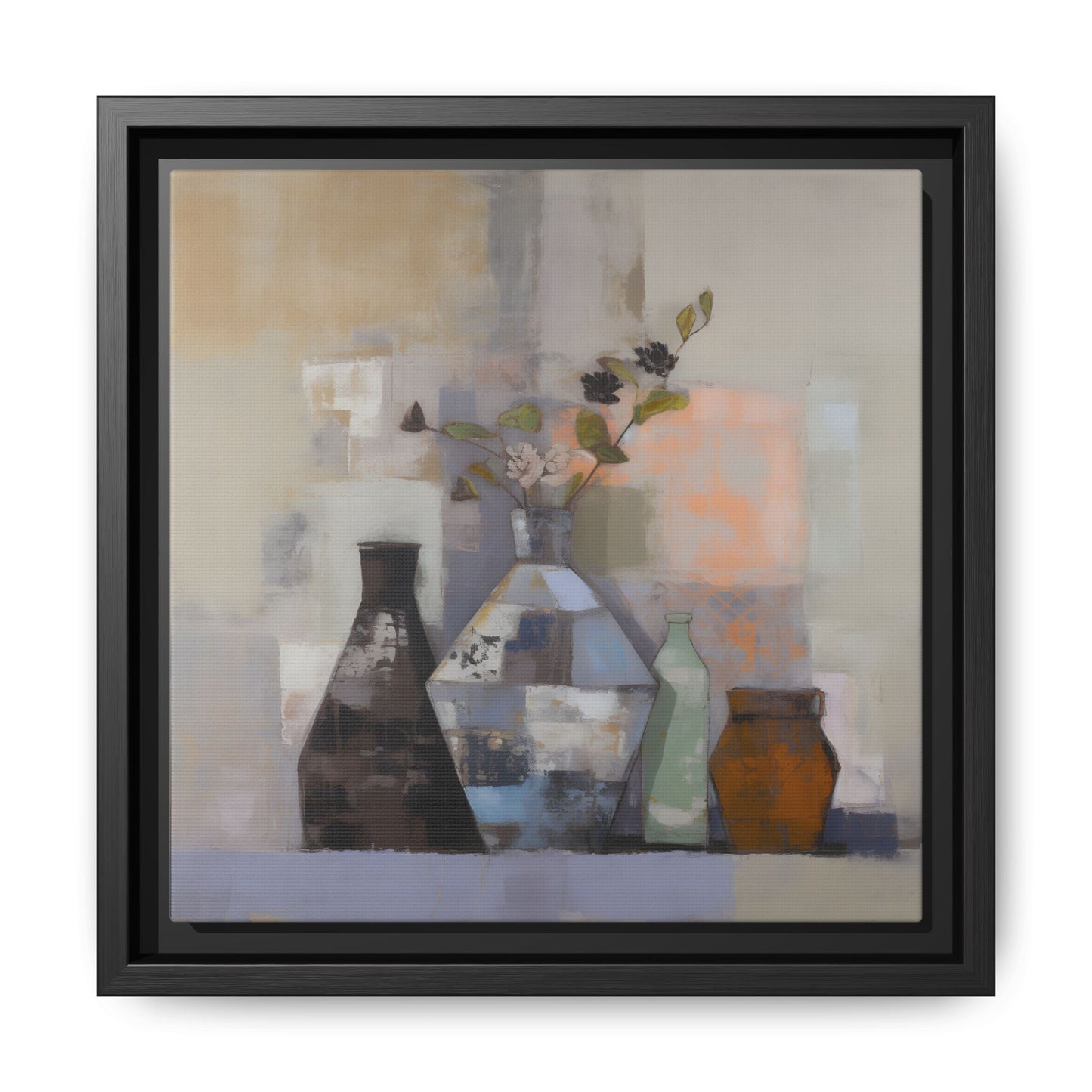 Earthy Bottle Still Life Wall Art – Framed Abstract Canvas with Geometric Vases in Neutral Tones featuring rustic touch and florals.