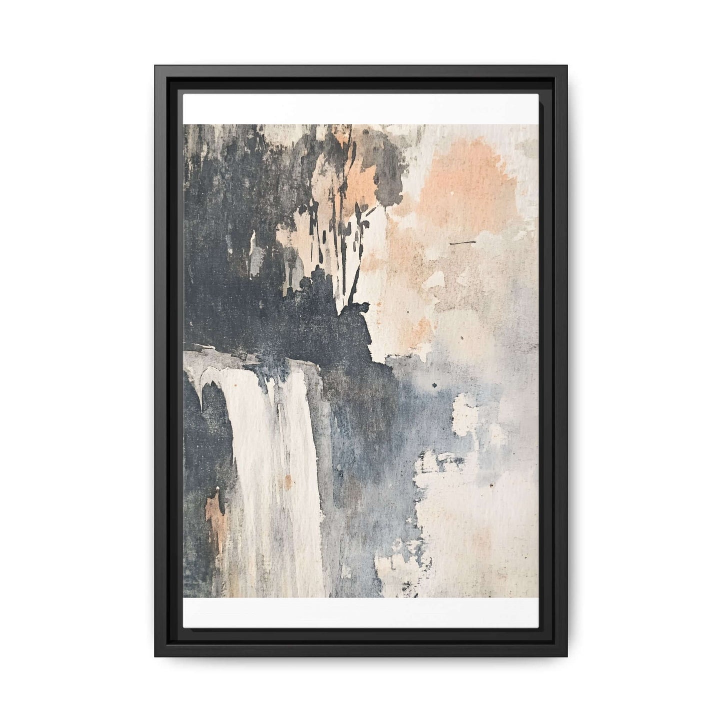 Framed waterfall art print on matte canvas for home decor, vertical orientation, depicting serene natural scene.