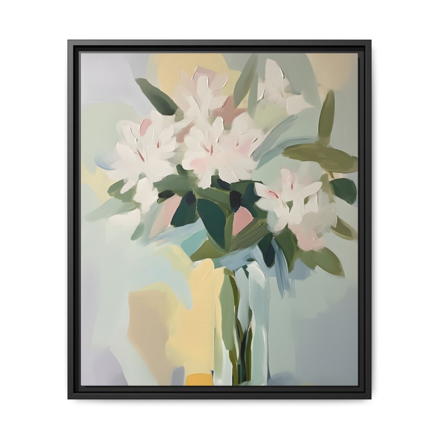 Soft Abstract Floral Wall Art – Framed Modern Canvas with White Flowers in Green Vase, featuring delicate blooms and soothing hues.