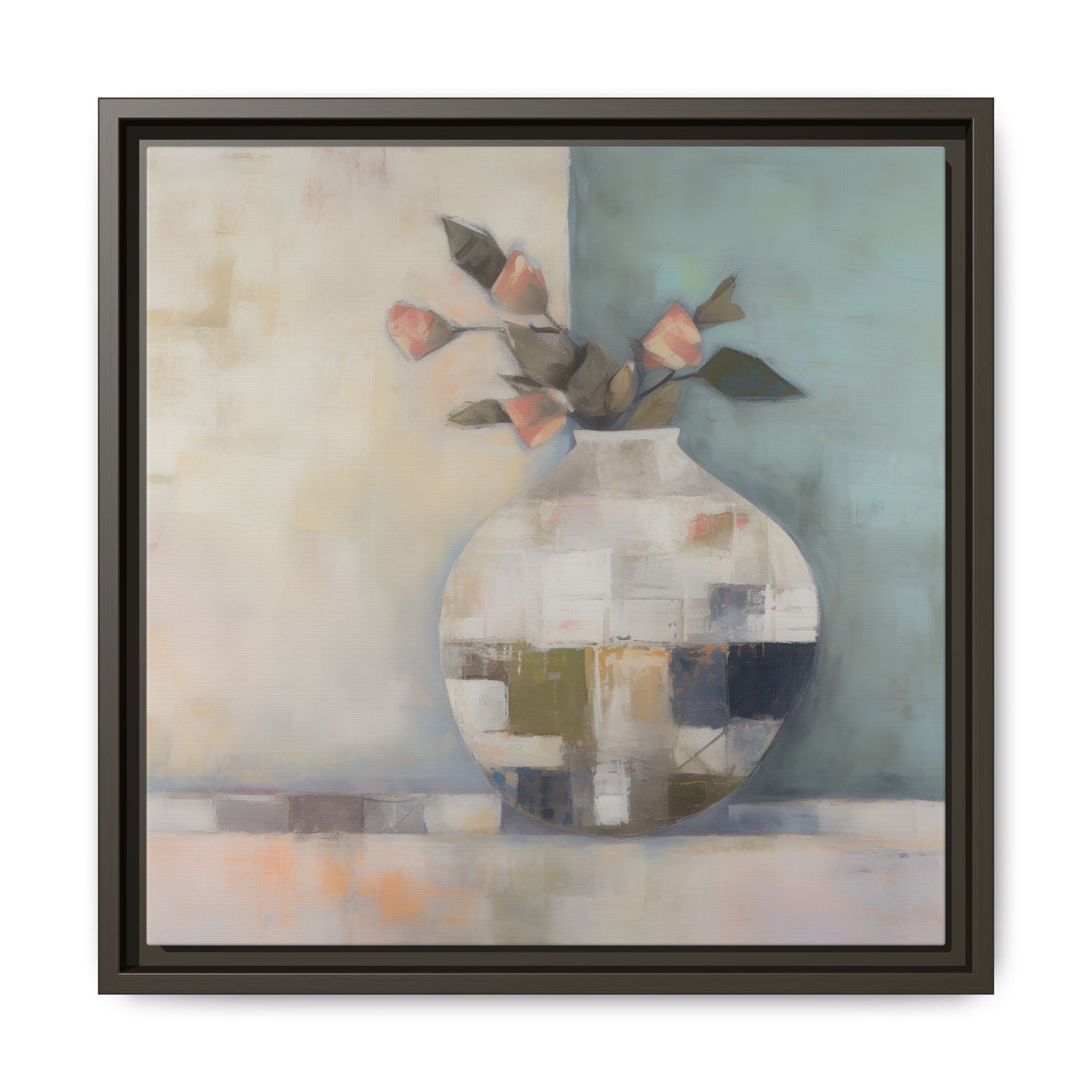 Geometric Floral Still Life Wall Art – Framed Abstract Canvas with Vase and Blush Pink Buds featuring minimalist design and soft tones.