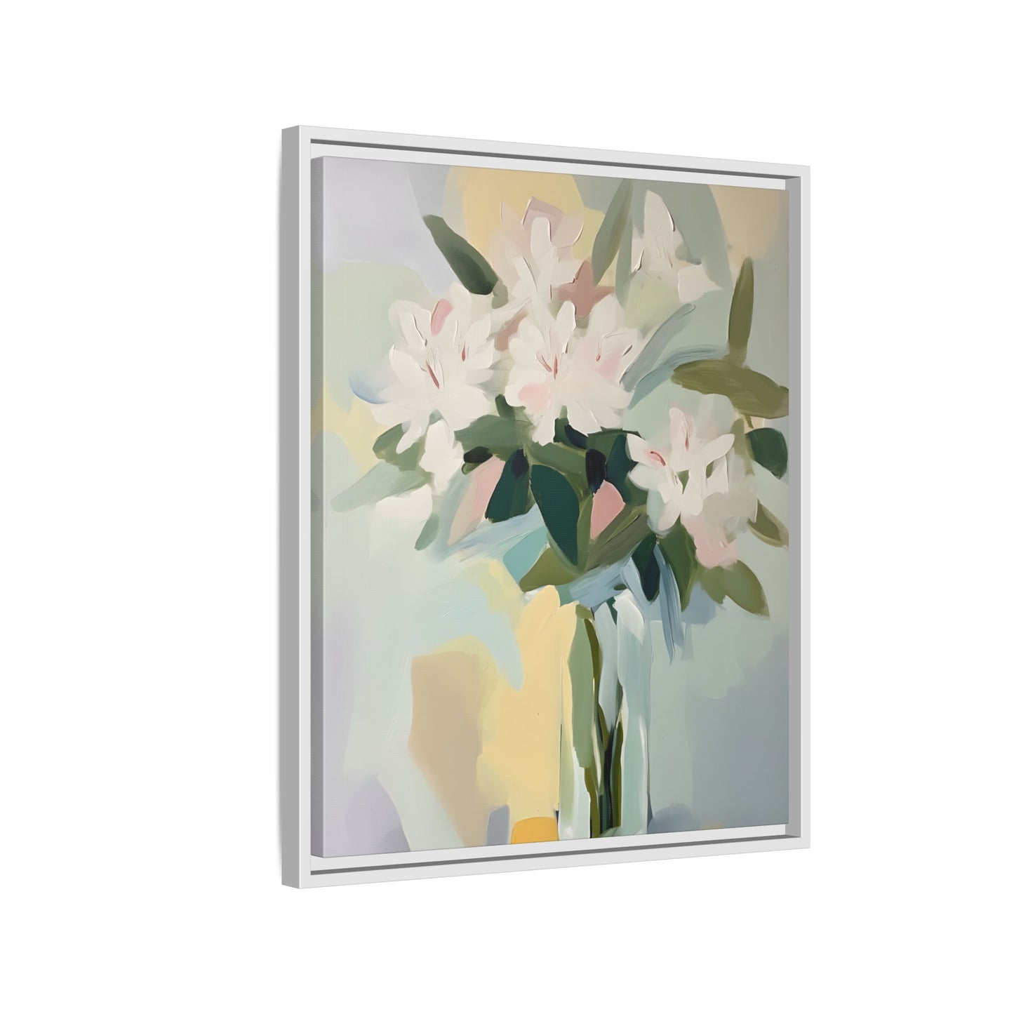 Soft Abstract Floral Wall Art – Framed Modern Canvas with White Flowers in Green Vase featuring delicate floral design with pastel hues