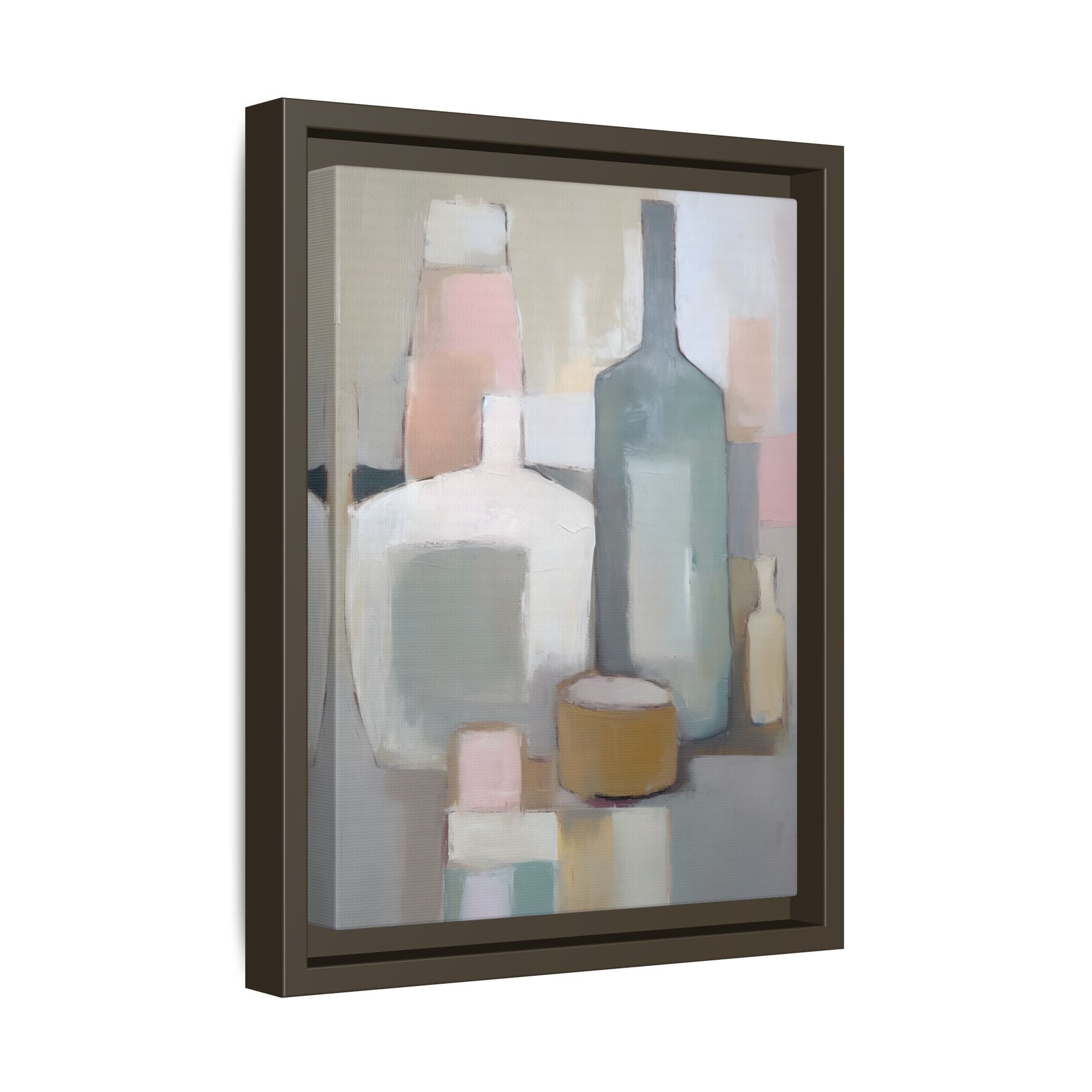 Modern Abstract Bottle Still Life Wall Art – Framed Canvas in Soft Pink, Blue, and Beige, featuring muted tones for elegant decor.