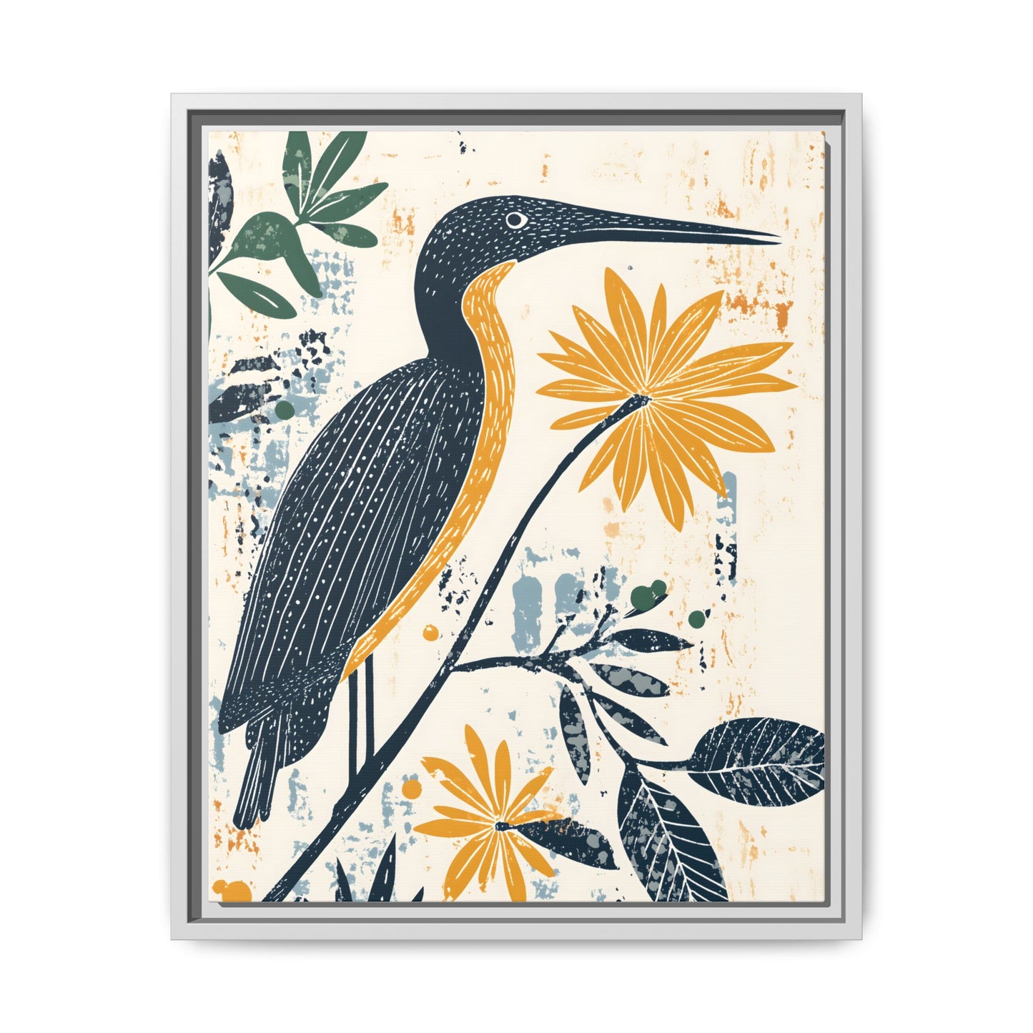 Colorful Bird and Flower Framed Matte Canvas Art
