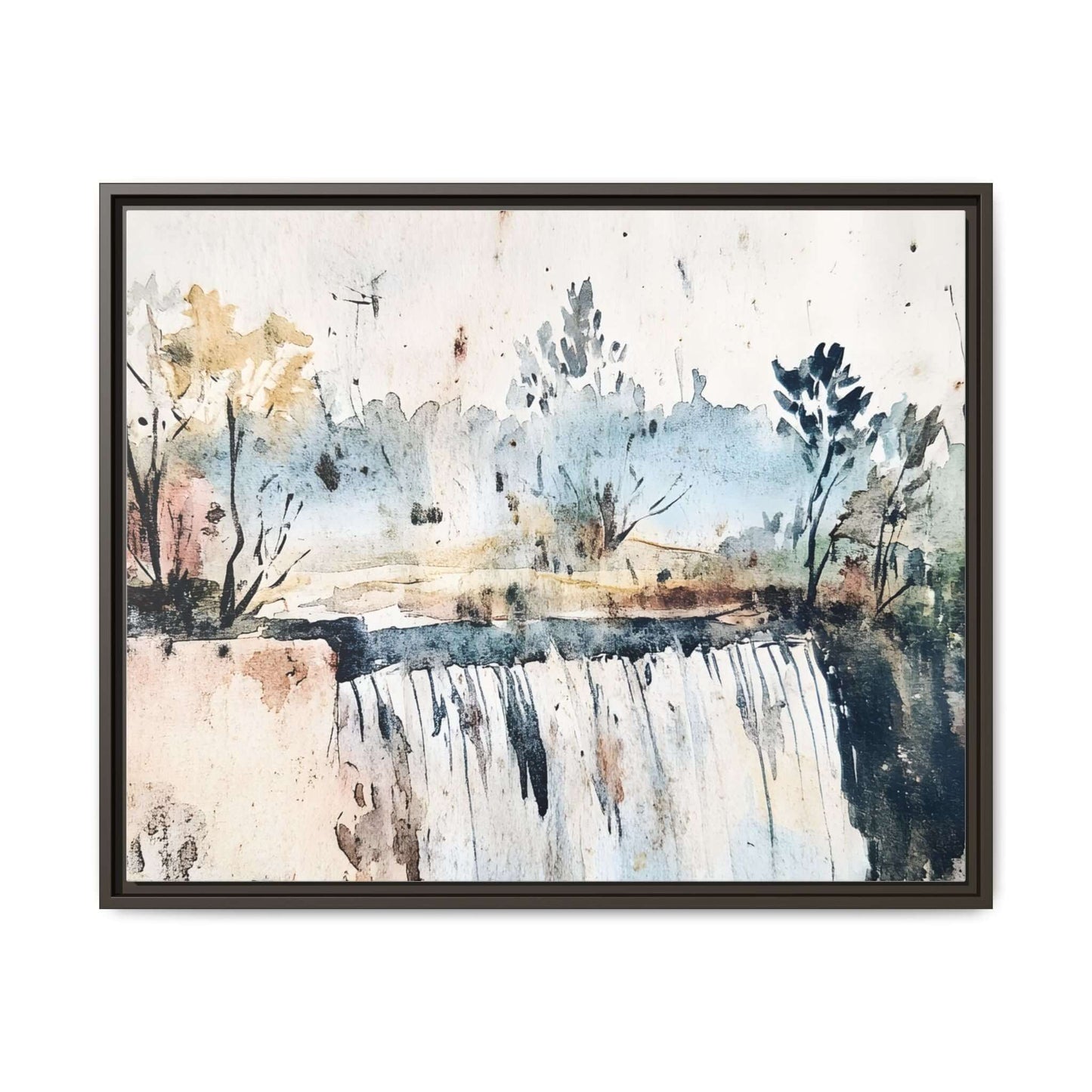 Framed watercolor wall art depicting serene landscape with trees and waterfall, horizontal orientation.