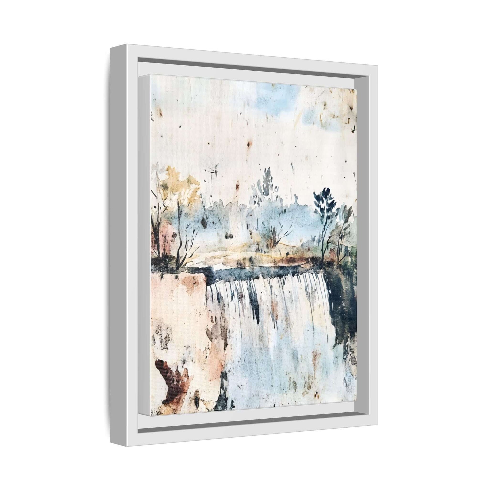 Framed watercolor wall art depicting a serene landscape with trees and a waterfall, ideal for home decor. Vertical view.