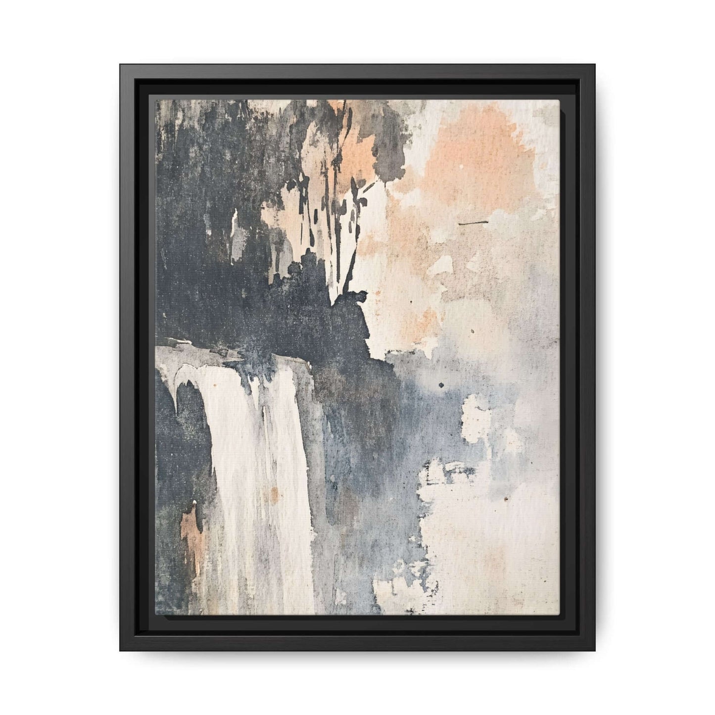 Framed waterfall art print in matte canvas featuring abstract landscape home decor in neutral tones.