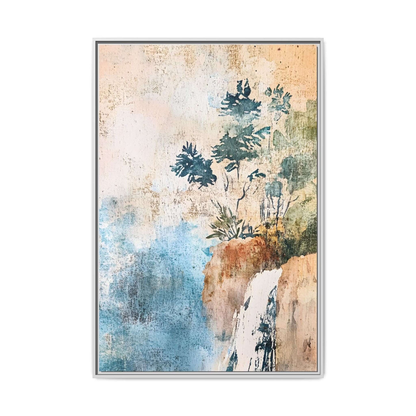 Framed watercolor canvas print of a misty forest landscape with trees, waterfall, and serene tones, perfect for calming home decor.