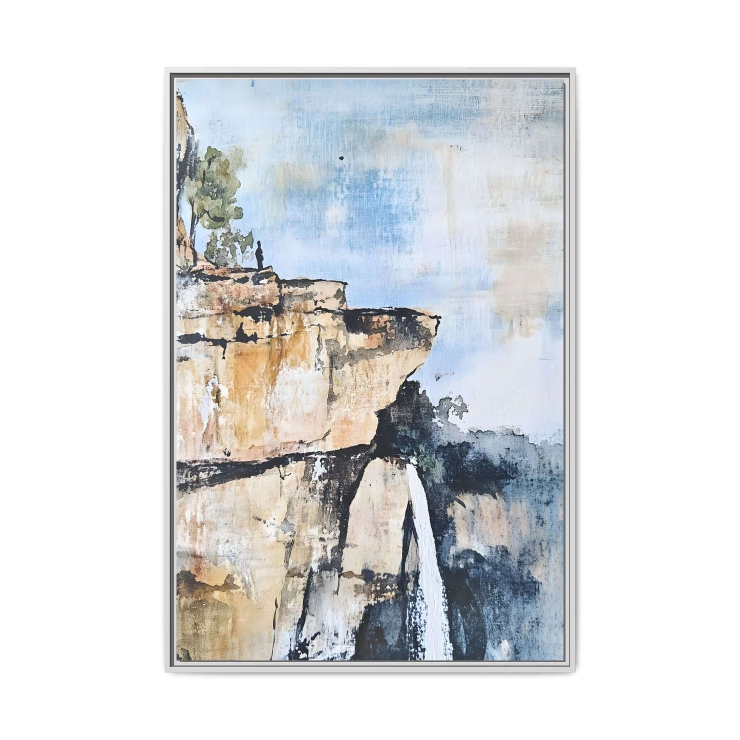 Framed canvas wall art featuring an impressionistic scenic landscape with waterfall, ideal for creating a serene and harmonious atmosphere.