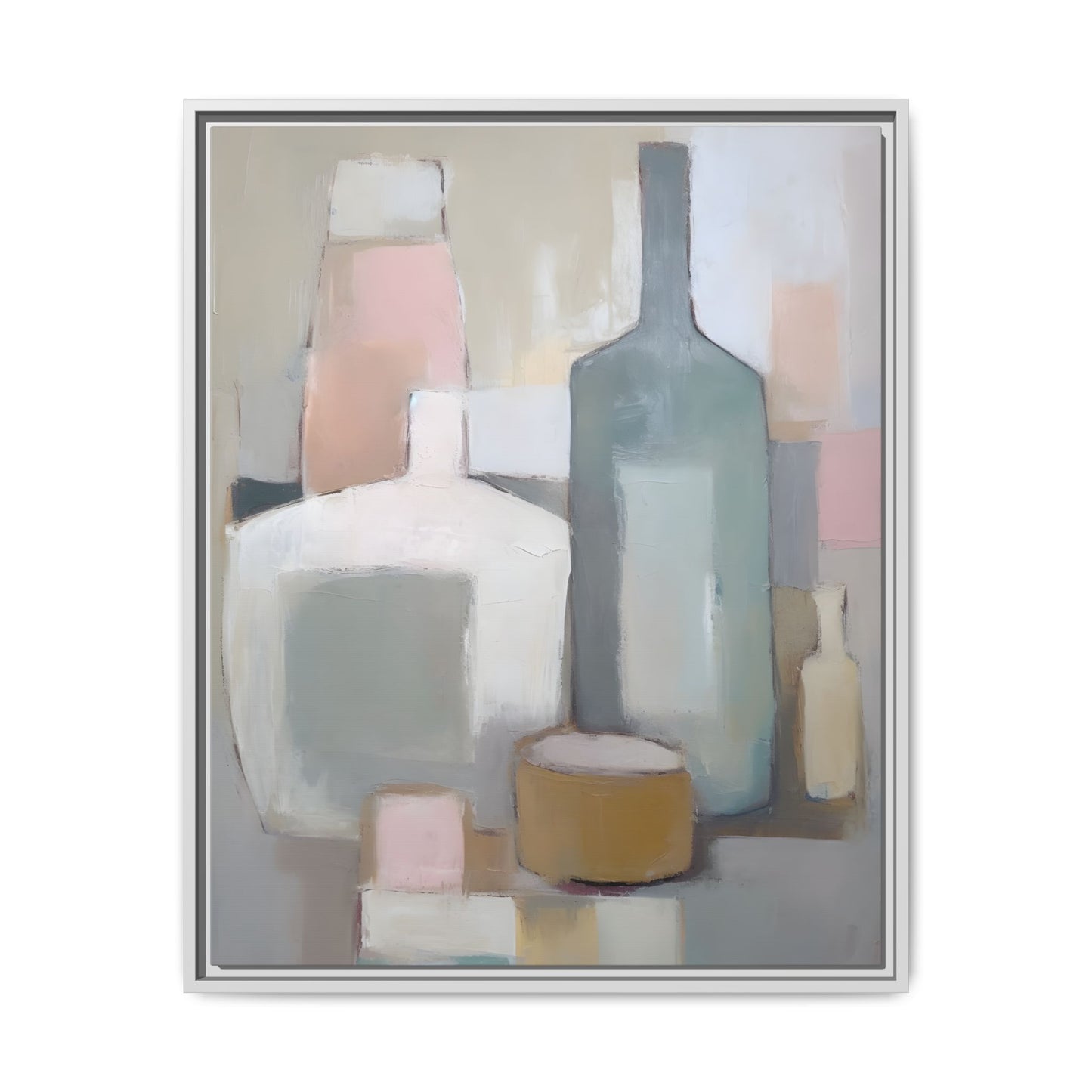 Modern Abstract Bottle Still Life Wall Art – Framed Canvas in Soft Pink, Blue, and Beige with minimalist composition.