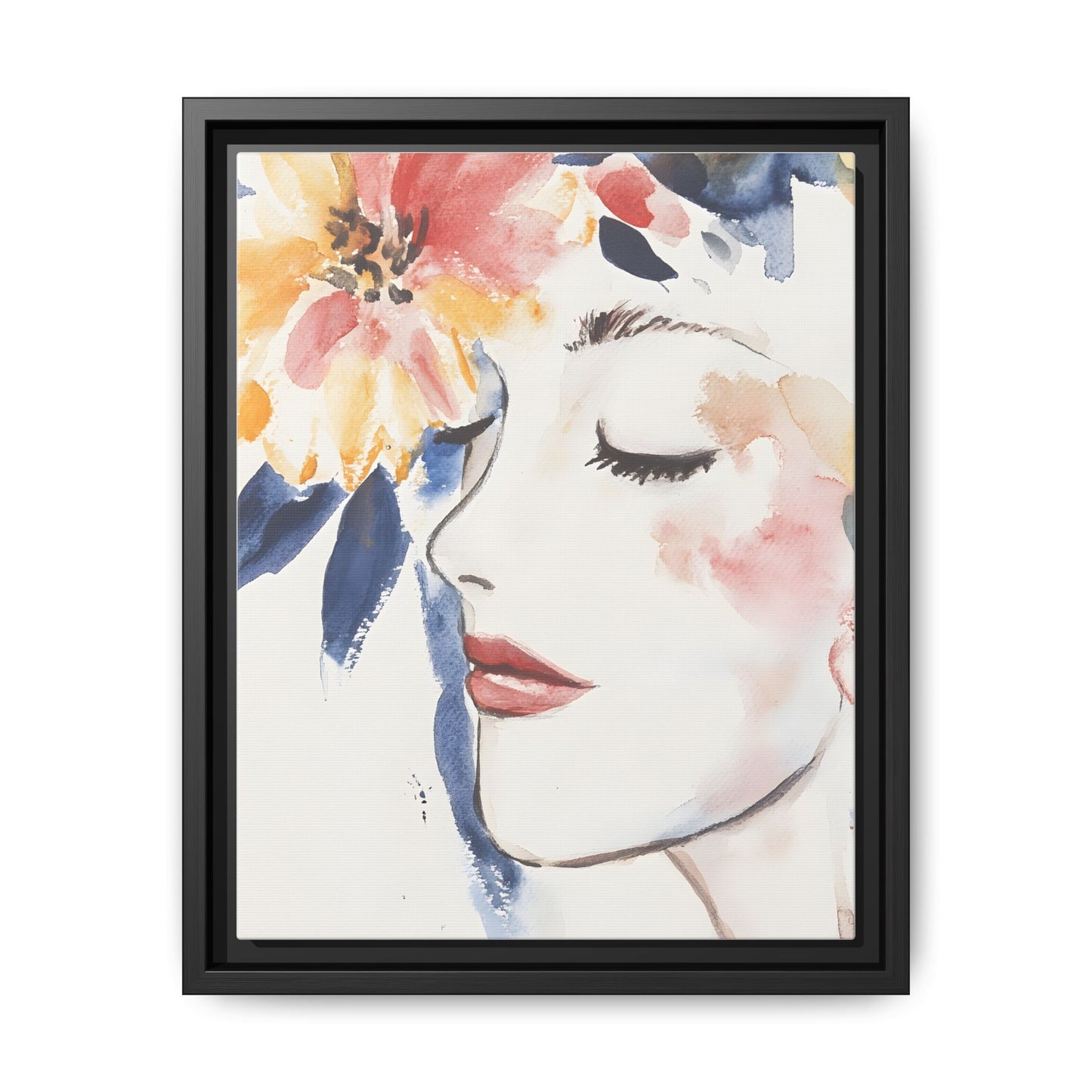 Multi-Color Framed Matte Canvas Art - Floral Face Portrait in black frame, showcasing elegant floral and facial design, vertical orientation.