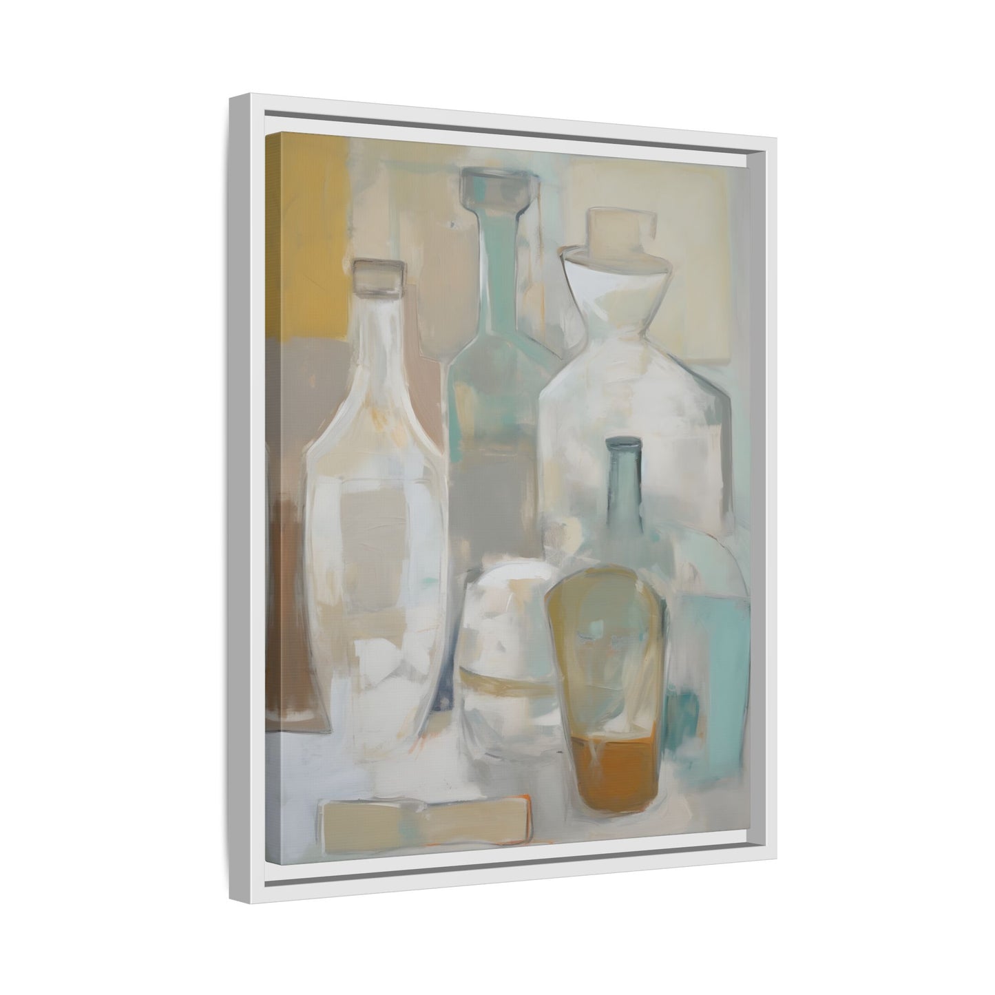 Modern Still Life Wall Art – Neutral Bottles Framed Canvas in Beige, Aqua & Amber featuring translucent bottles in soothing tones