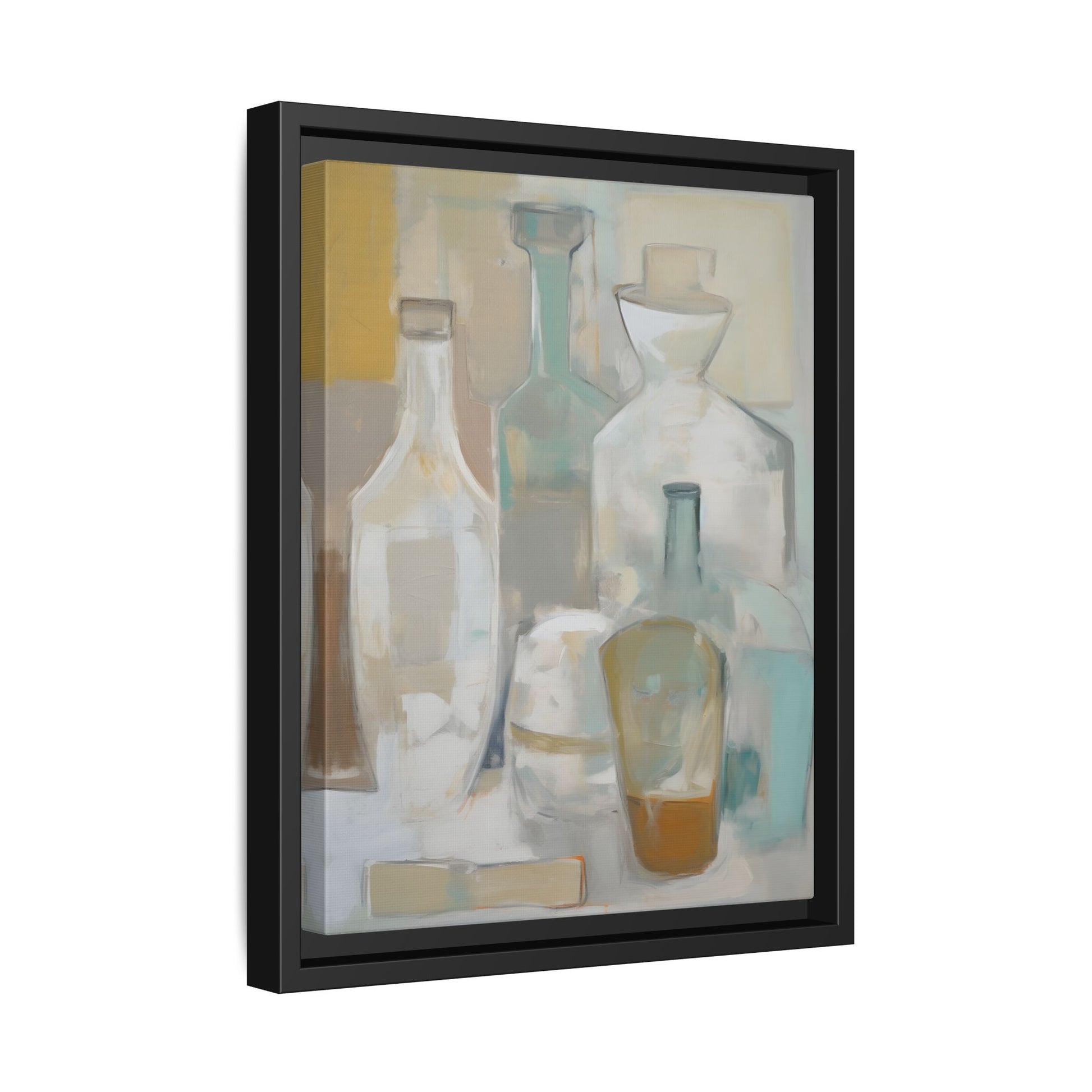 Modern Still Life Wall Art – Neutral Bottles Framed Canvas in Beige, Aqua & Amber featuring translucent bottles in abstract design.