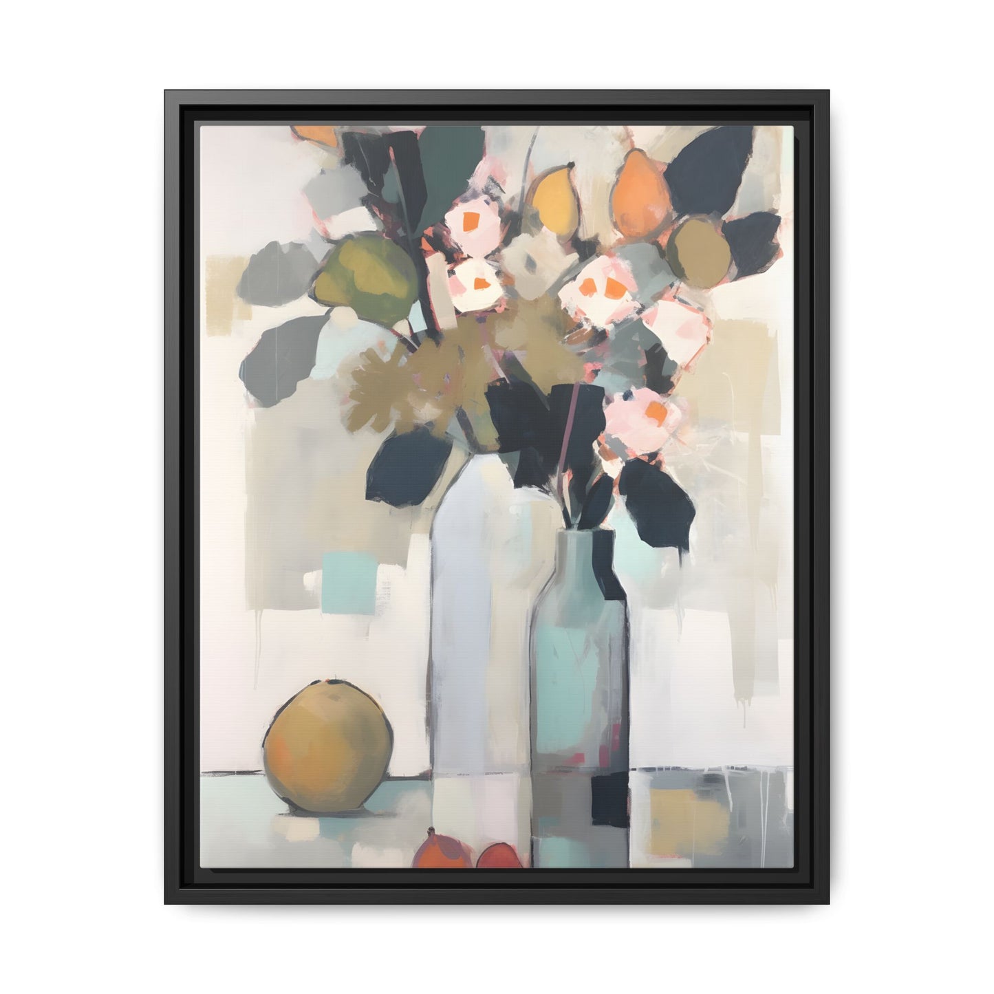 Modern Floral Still Life Wall Art – Framed Canvas with Bold Leaves and Citrus in Vase, featuring abstract vases and vibrant colors.