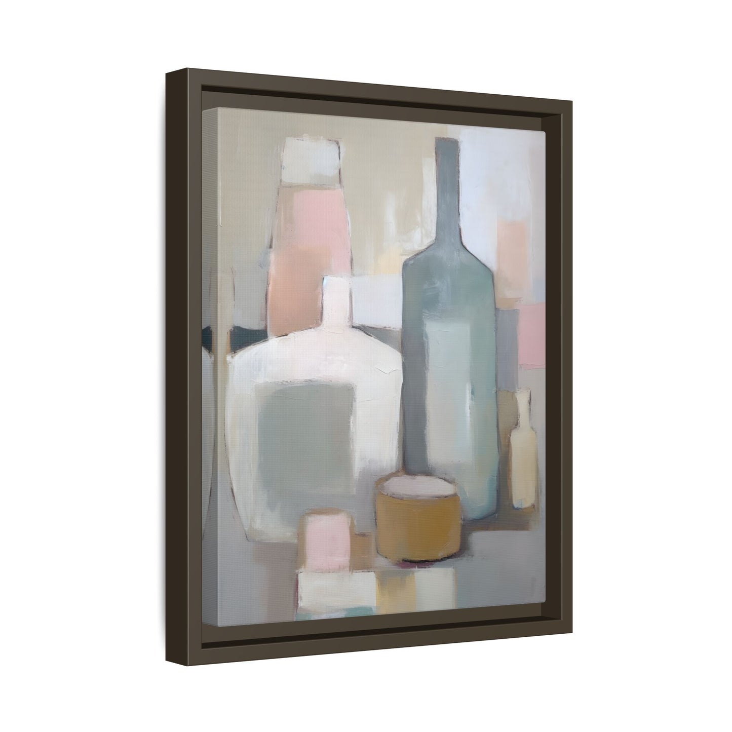 Modern Abstract Bottle Still Life Wall Art – Framed Canvas in Soft Pink, Blue, and Beige featuring serene bottles and vessels.