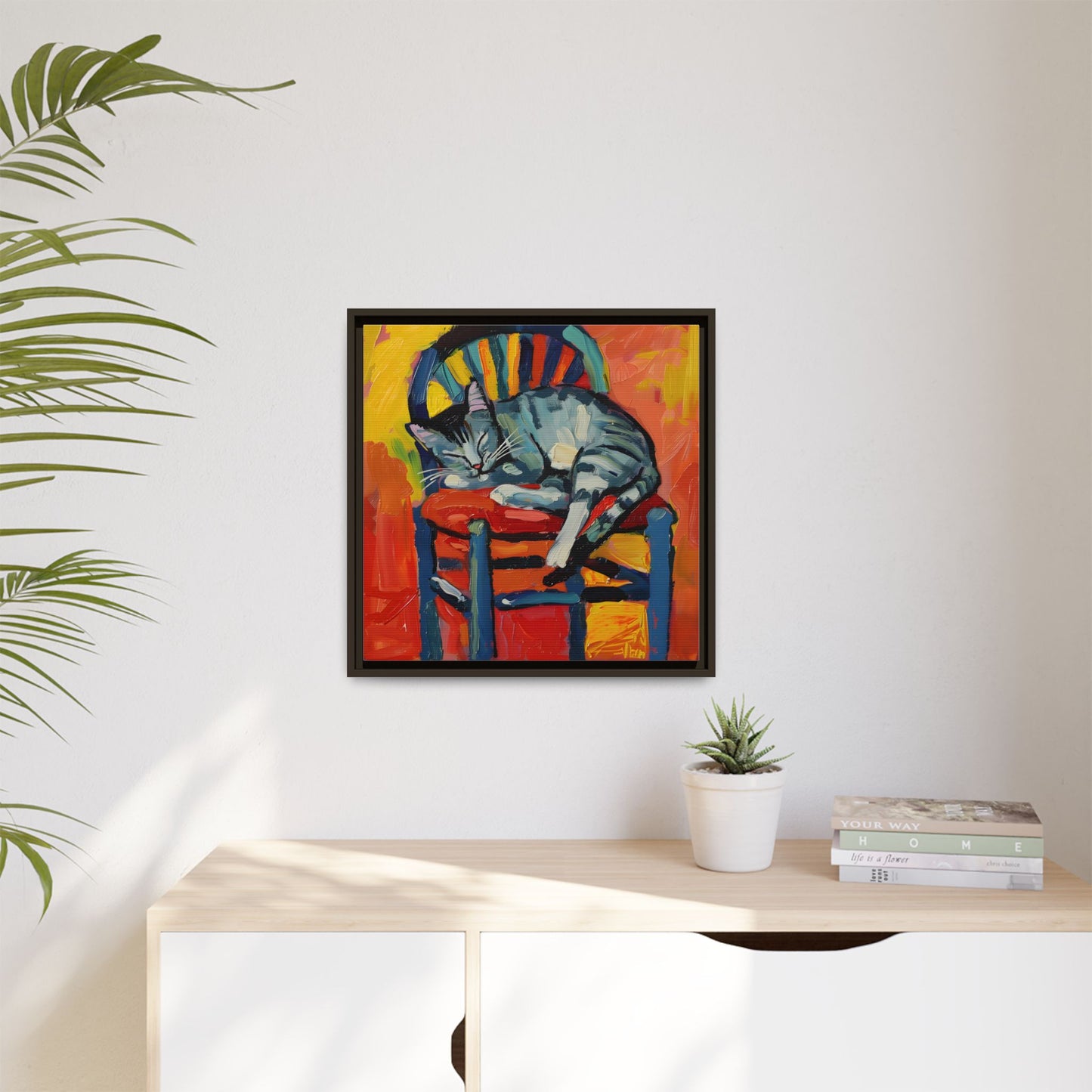 Colorful Cat Art Print - Framed Matte Canvas