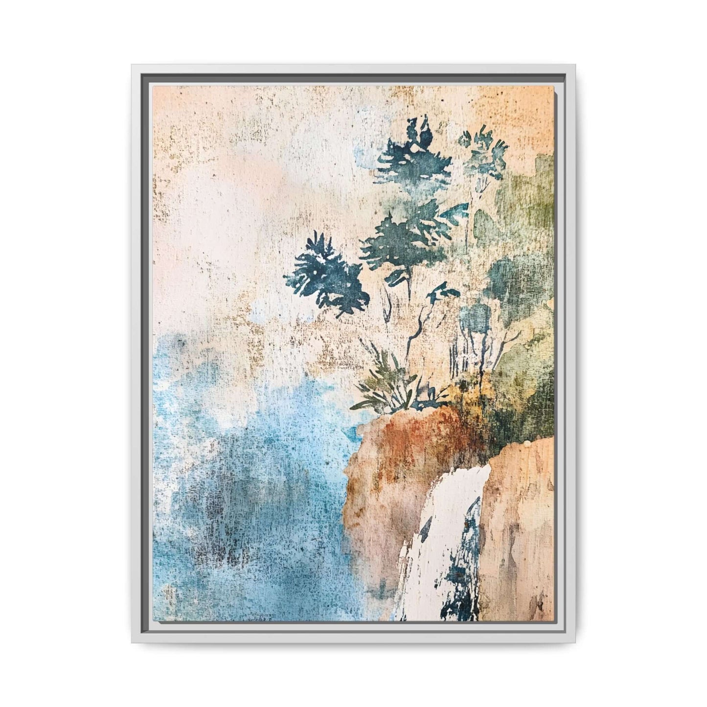 Framed Watercolor Canvas Print of Misty Forest Landscape Wall Art; serene nature-inspired home decor piece.