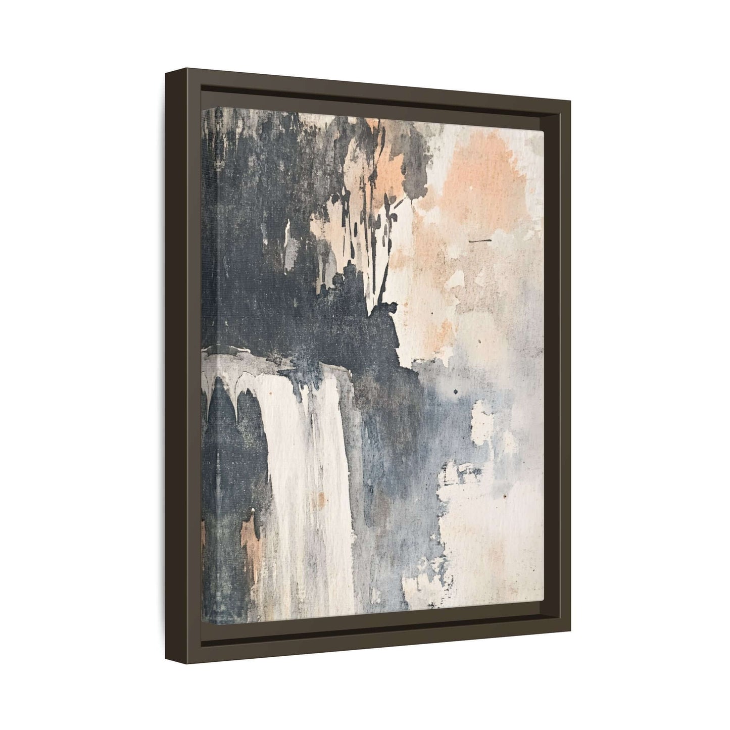 Framed waterfall art print on matte canvas, perfect for home decor in various sizes, featuring a vertical landscape painting.