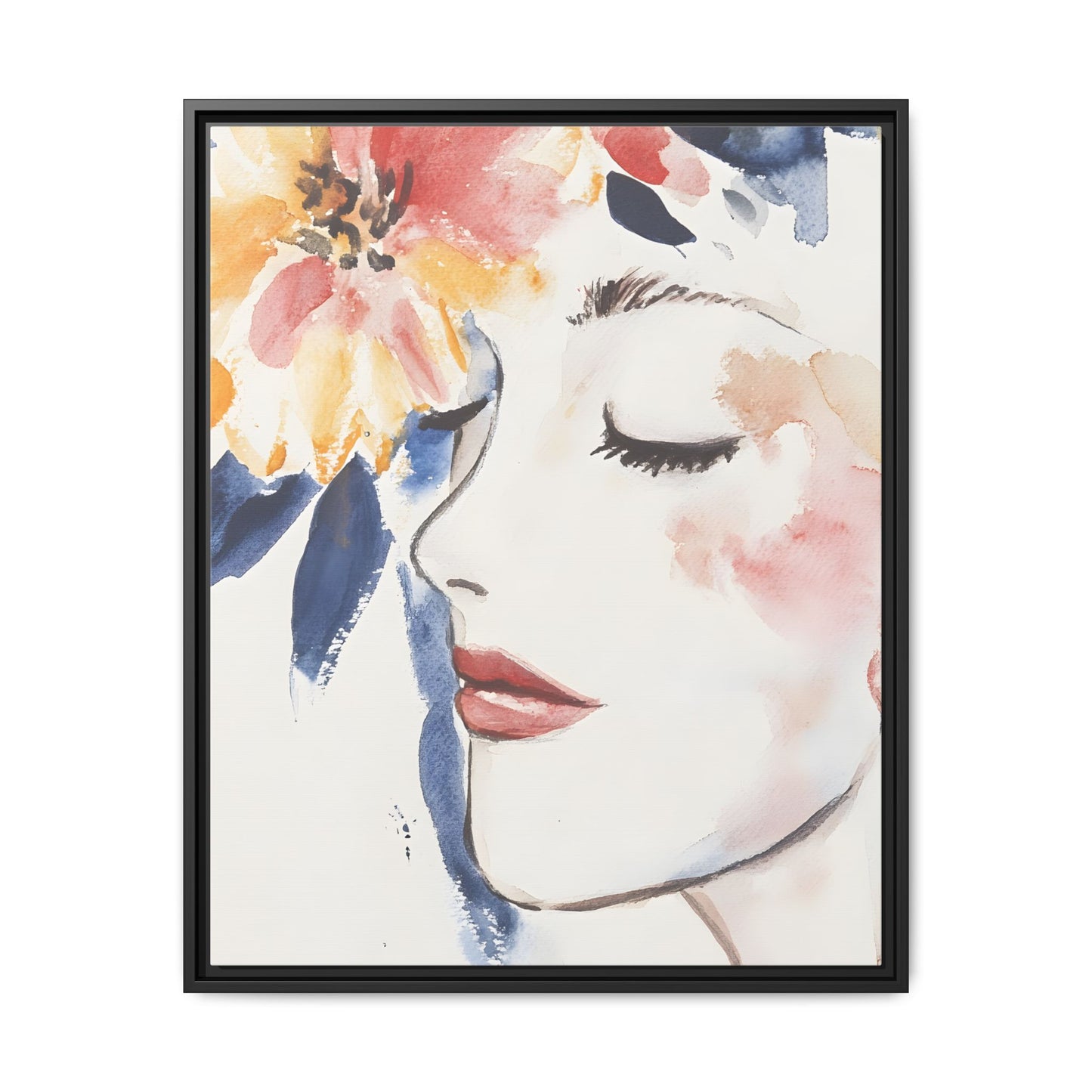 Multi-Color Framed Matte Canvas Art - Floral Face Portrait, 9x12 inch, vertical orientation, elegant wall decor.