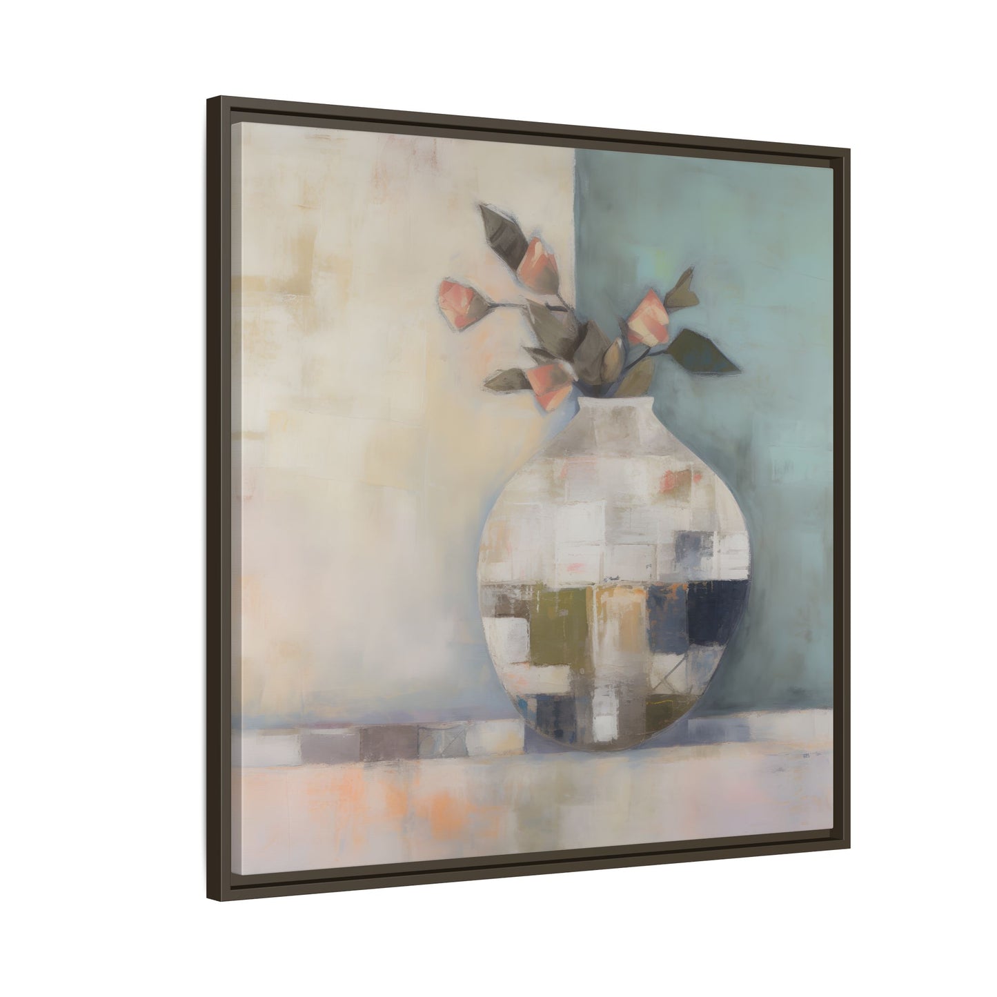 Geometric Floral Still Life Wall Art – Framed Abstract Canvas with Vase and Blush Pink Buds, featuring patchwork textures