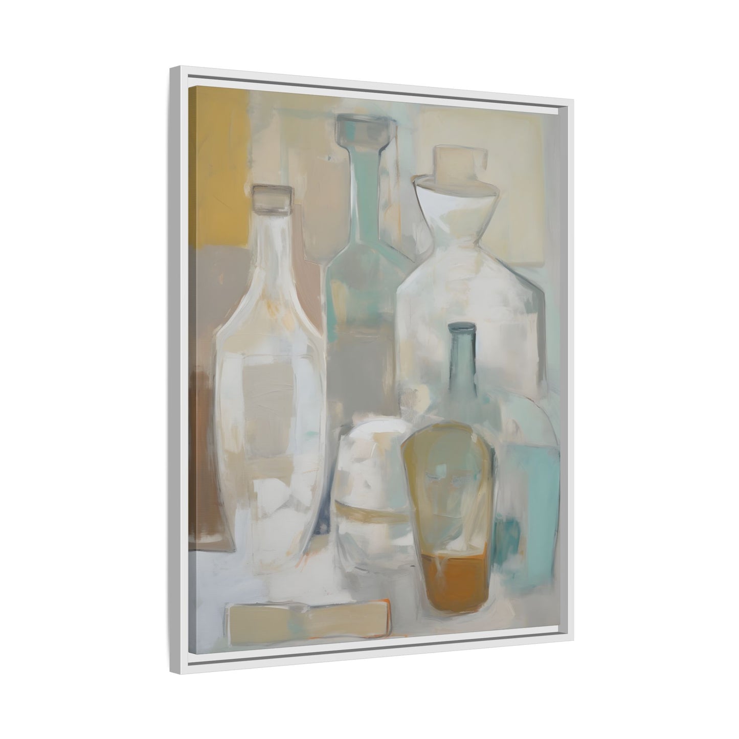 Modern Still Life Wall Art – Neutral Bottles Framed Canvas in Beige, Aqua & Amber