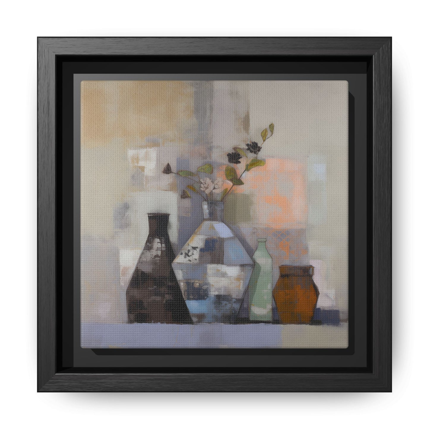Earthy Bottle Still Life Wall Art – Framed Abstract Canvas with Geometric Vases in Neutral Tones in black frame.