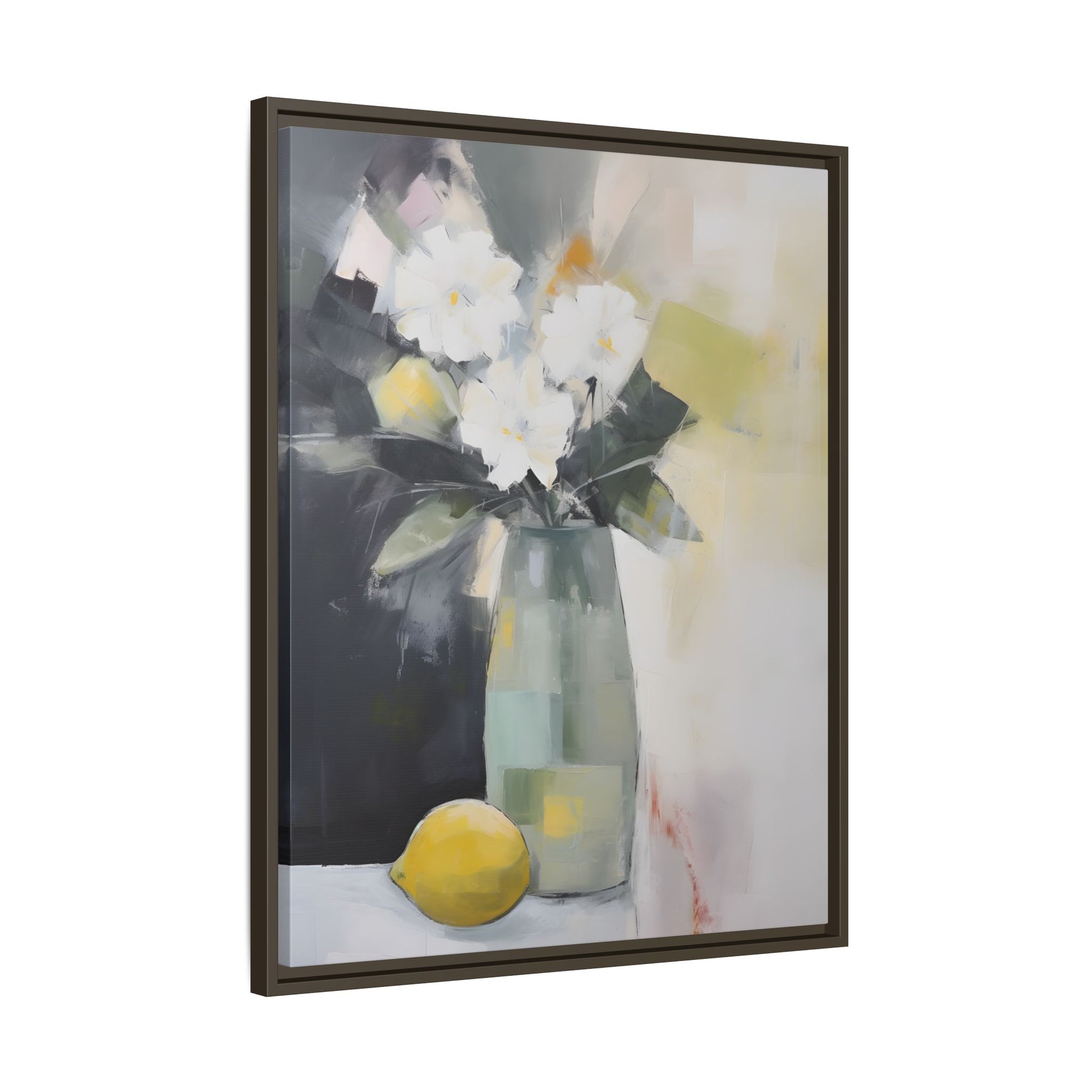 Modern Floral Still Life Wall Art – Framed Canvas with White Flowers and Lemon in Soft Green Vase on muted background