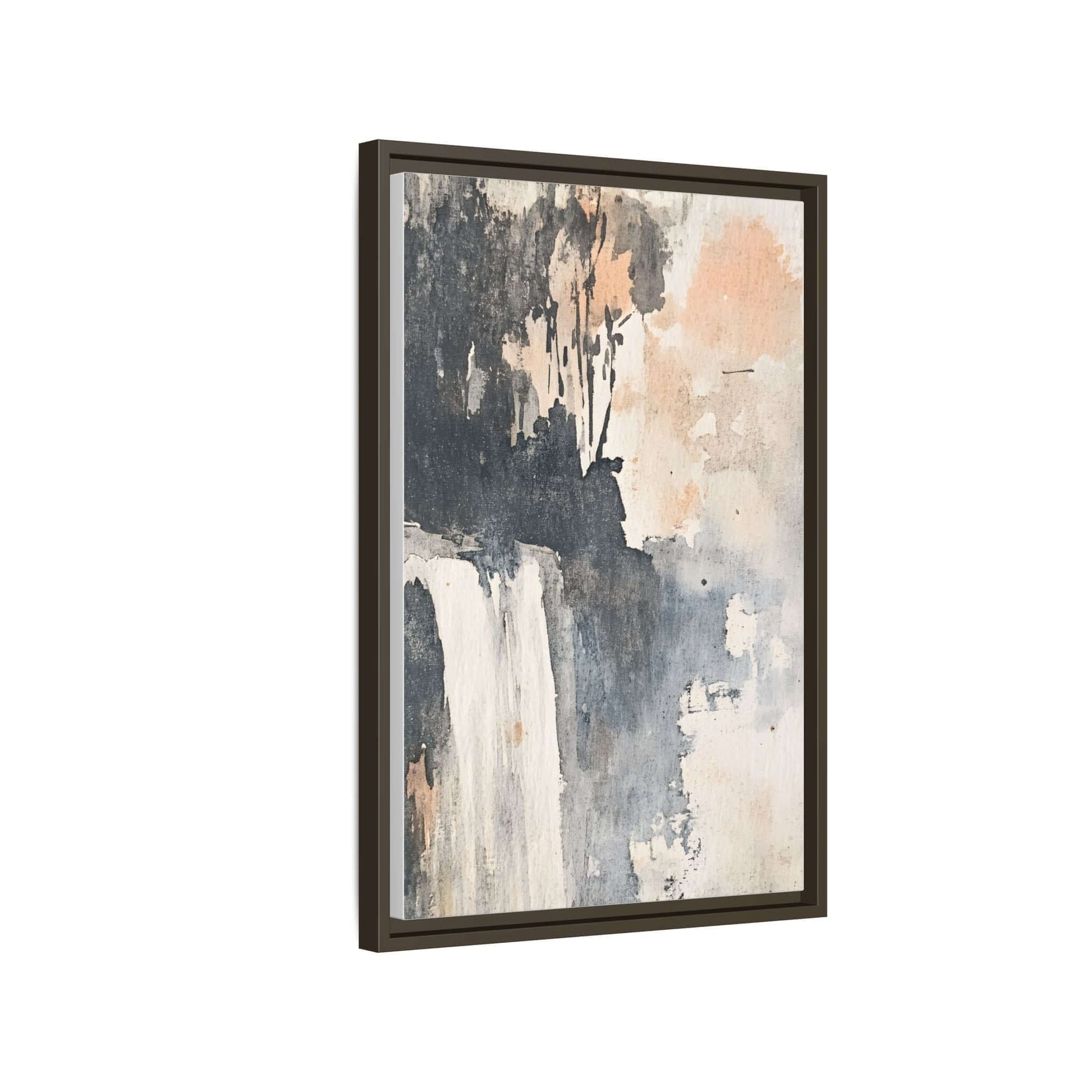 Framed watercolor abstract of a waterfall on canvas, featuring natural tones, perfect for home decor.