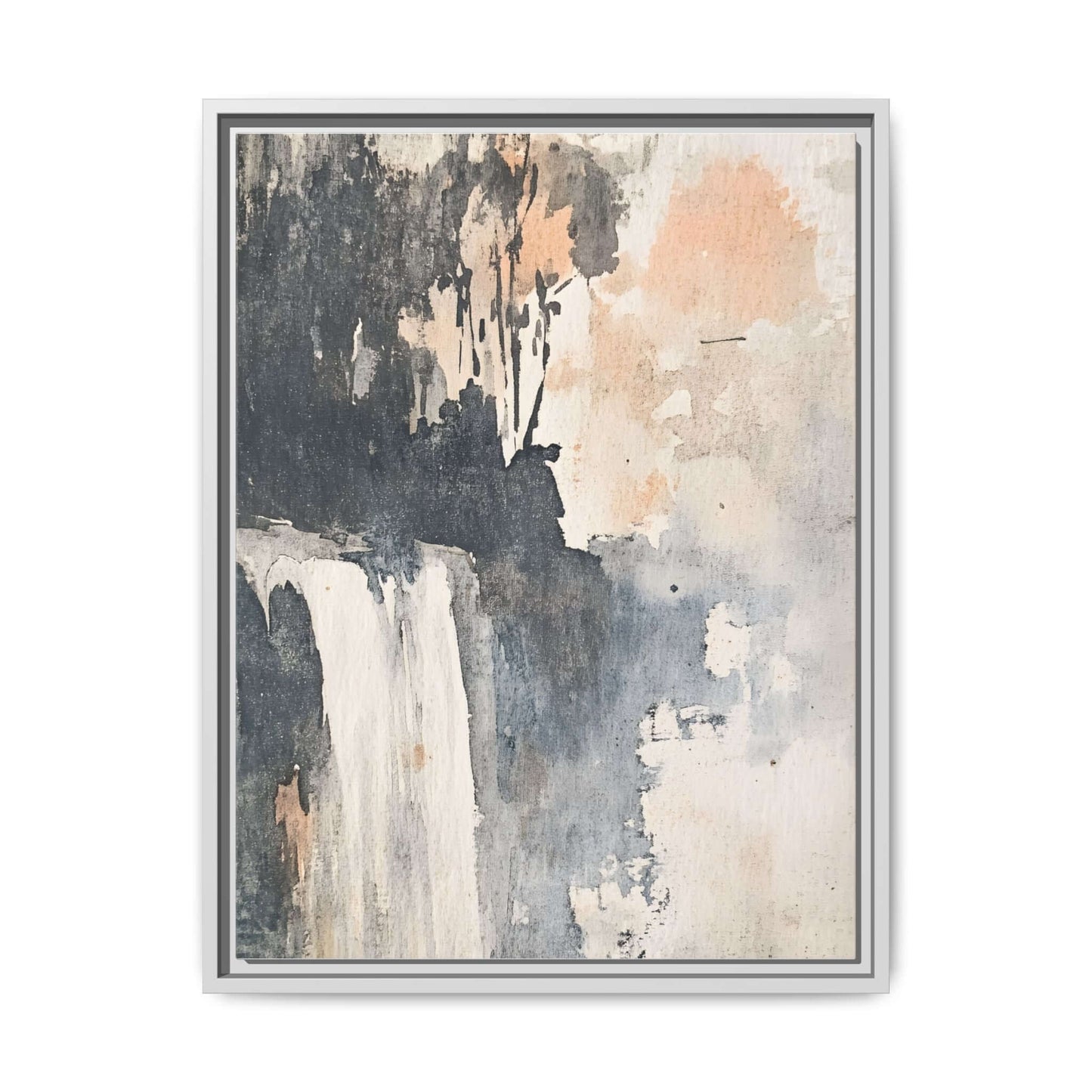 Framed waterfall art print on matte canvas, vertical orientation, depicting a serene landscape in soft earthy tones. Home decor piece.