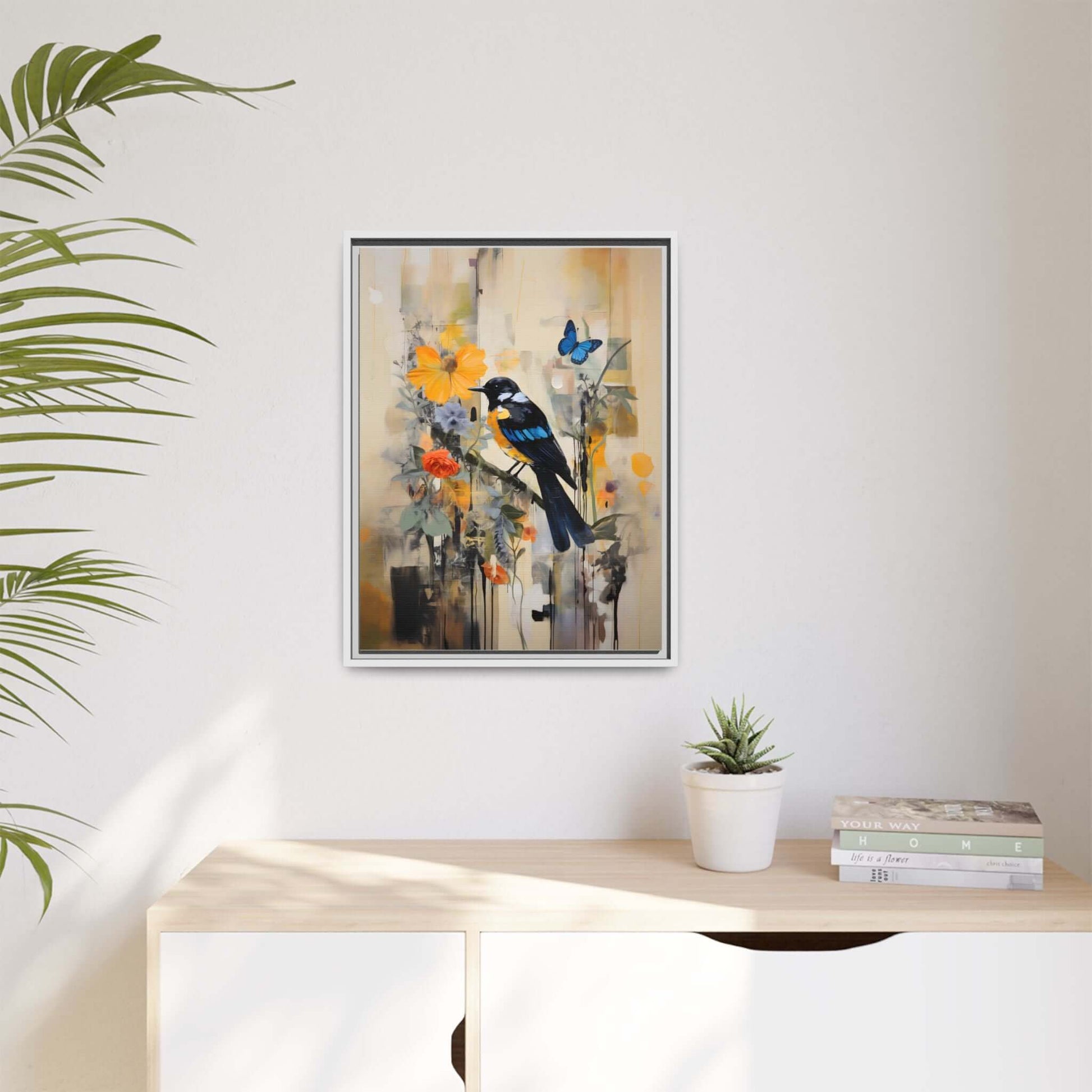 Vibrant framed canvas art featuring colorful bird and butterfly, perfect for enhancing home decor in various sizes, displayed on a wall.