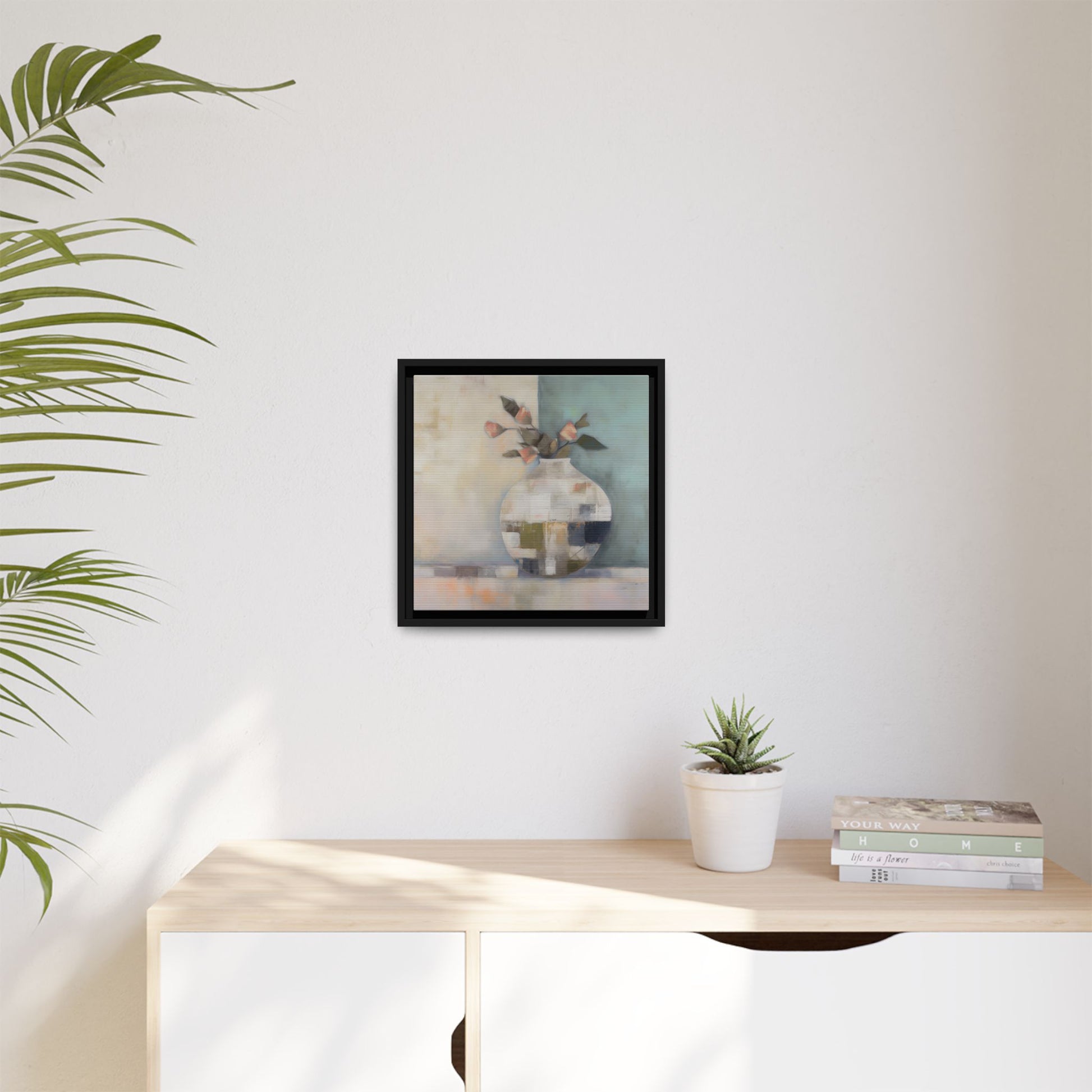 Geometric Floral Still Life Wall Art – Framed Abstract Canvas with Vase and Blush Pink Buds on display in a modern room.