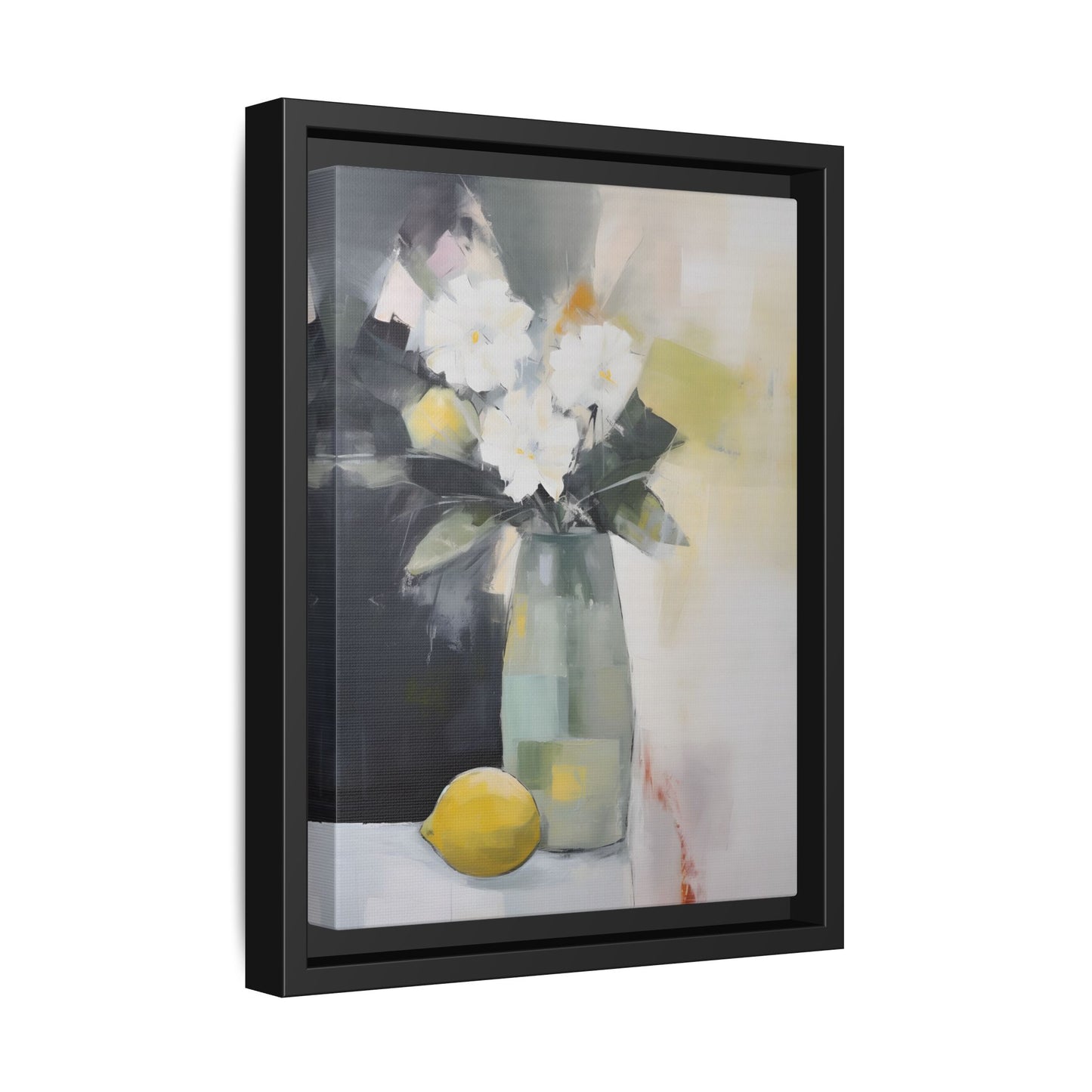 Modern Floral Still Life Wall Art – Framed Canvas with White Flowers and Lemon in Soft Green Vase, featuring artistic brushwork.