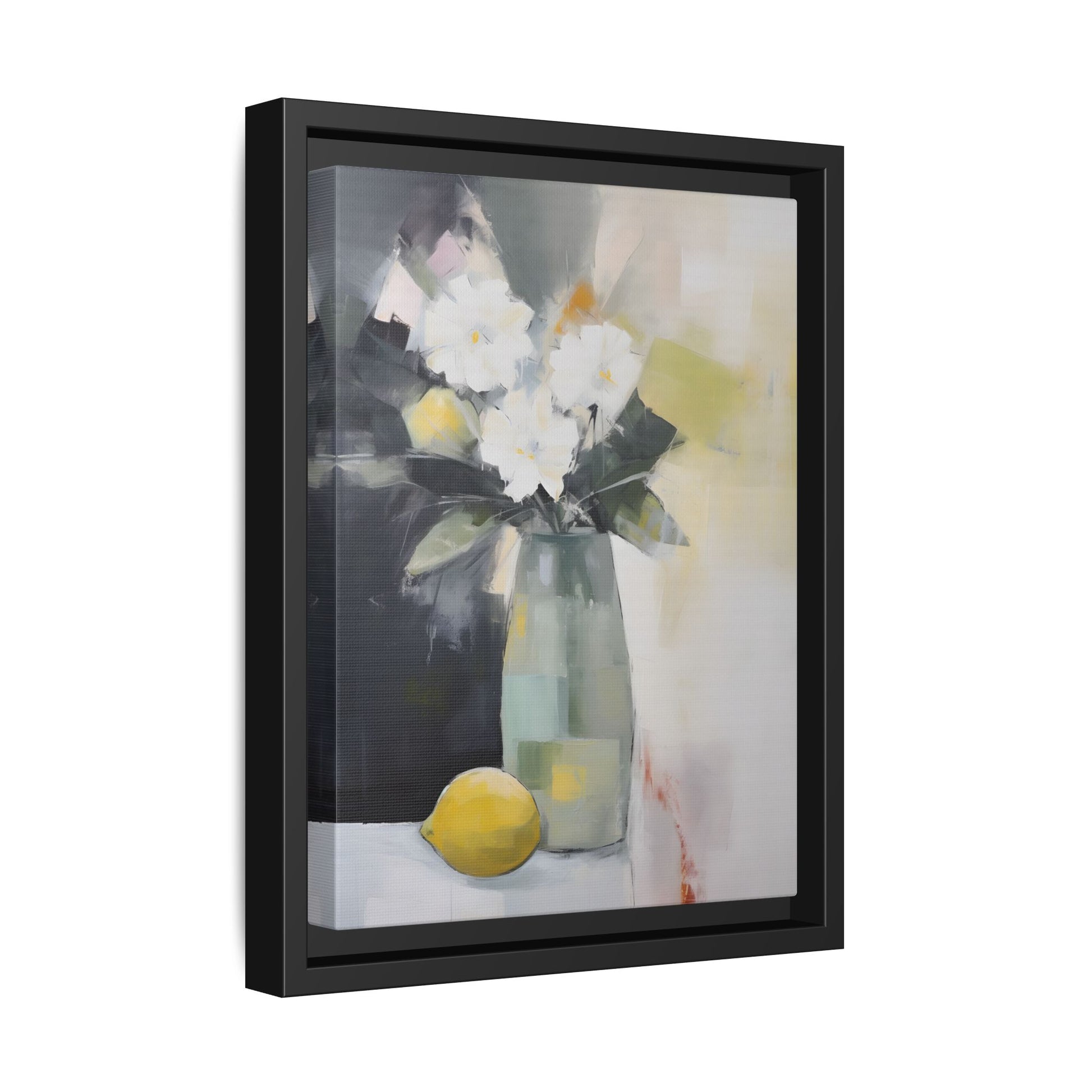Modern Floral Still Life Wall Art – Framed Canvas with White Flowers and Lemon in Soft Green Vase, featuring artistic brushwork.