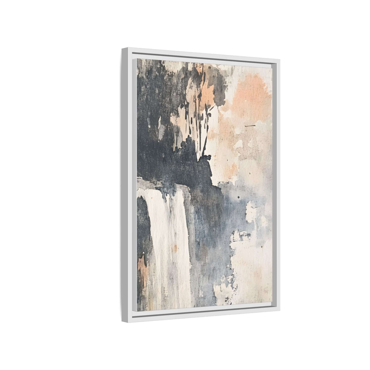 Framed waterfall art print on matte canvas, vertical orientation, featuring abstract natural landscape for home decor.