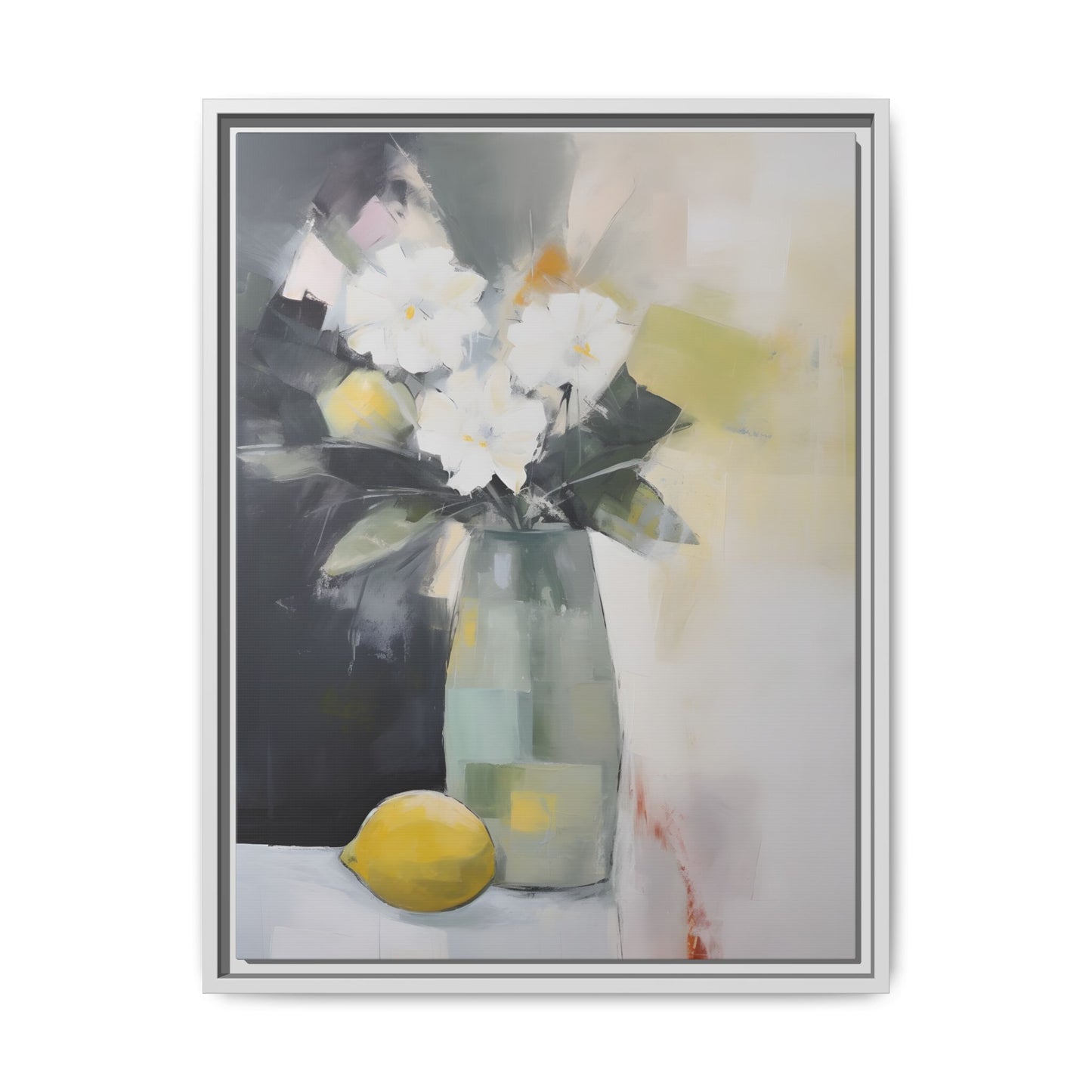 Modern Floral Still Life Wall Art – Framed Canvas with White Flowers and Lemon in Soft Green Vase