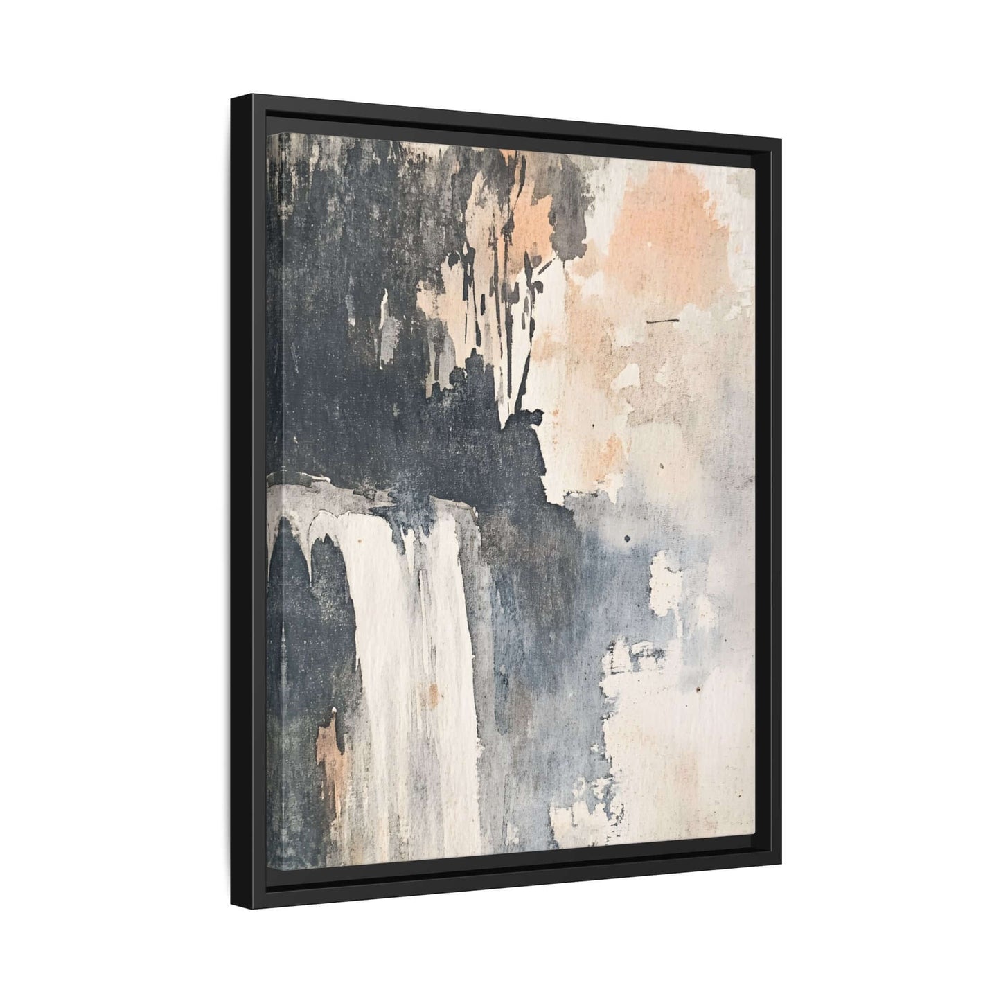 Framed waterfall art print on matte canvas, vertical orientation, elegant home decor piece.