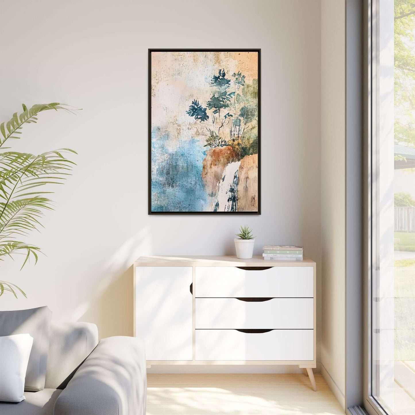 Misty forest landscape watercolor canvas wall art framed in a modern living room for a tranquil and elegant decor touch.