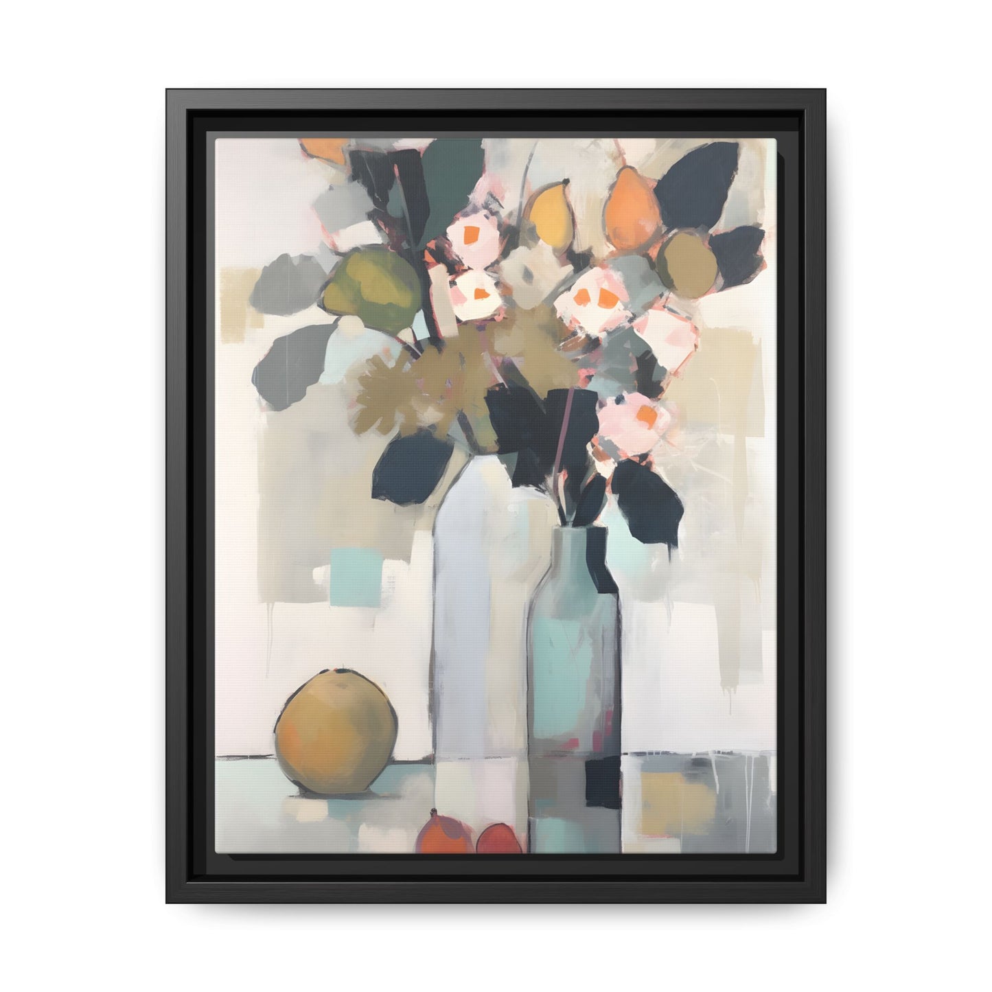 Modern Floral Still Life Wall Art – Framed Canvas with Bold Leaves and Citrus in Vase