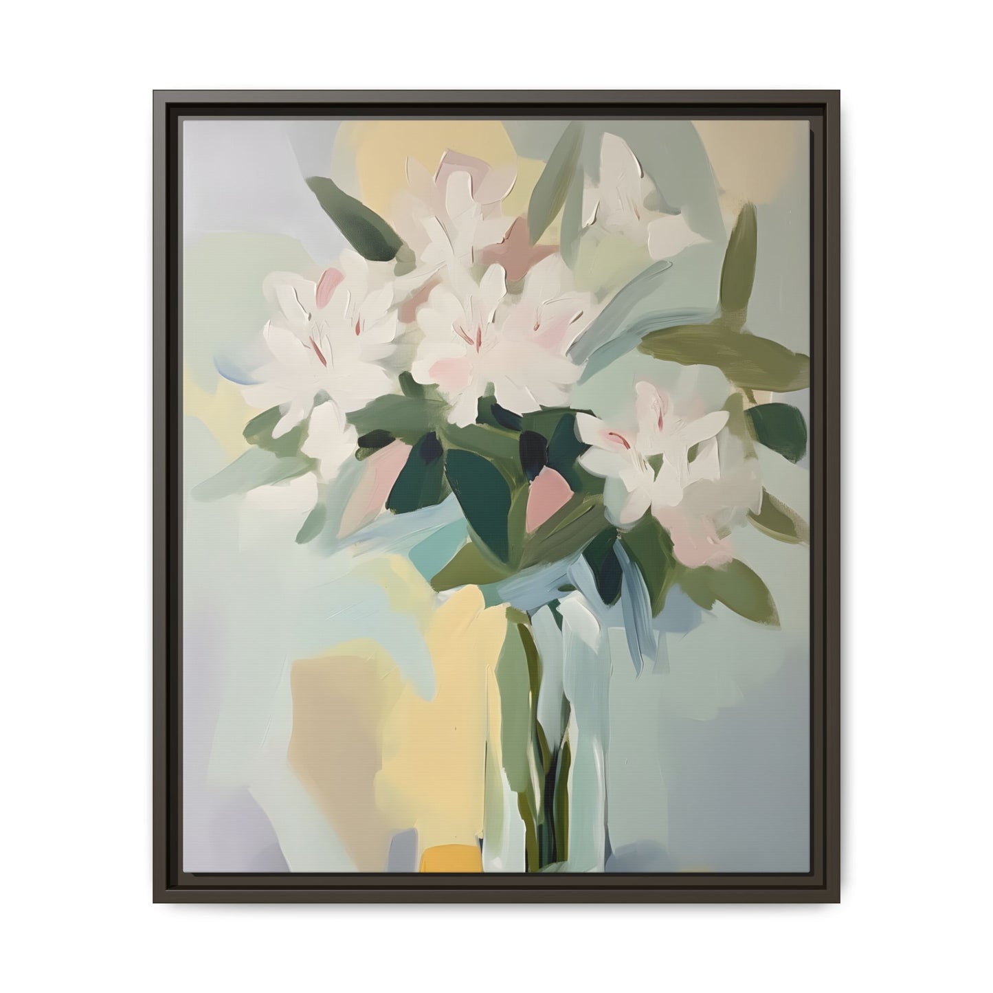 Soft Abstract Floral Wall Art – Framed Modern Canvas with White Flowers in Green Vase, featuring delicate blossoms and gentle pastel hues