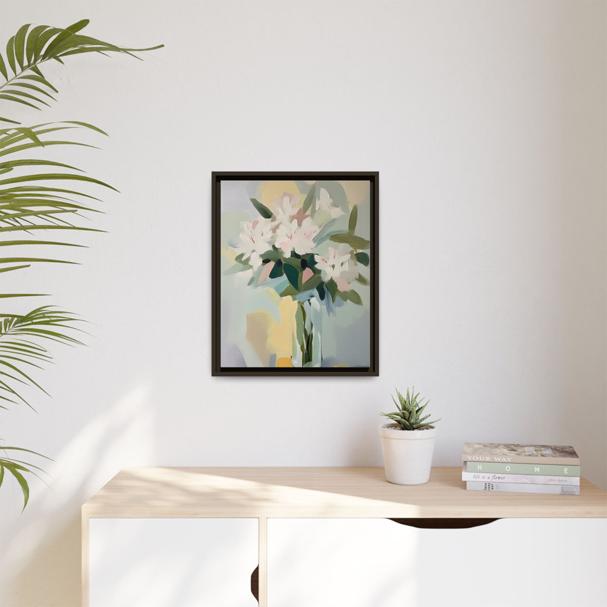 Soft Abstract Floral Wall Art – Framed Modern Canvas with White Flowers in Green Vase displayed in modern interior.