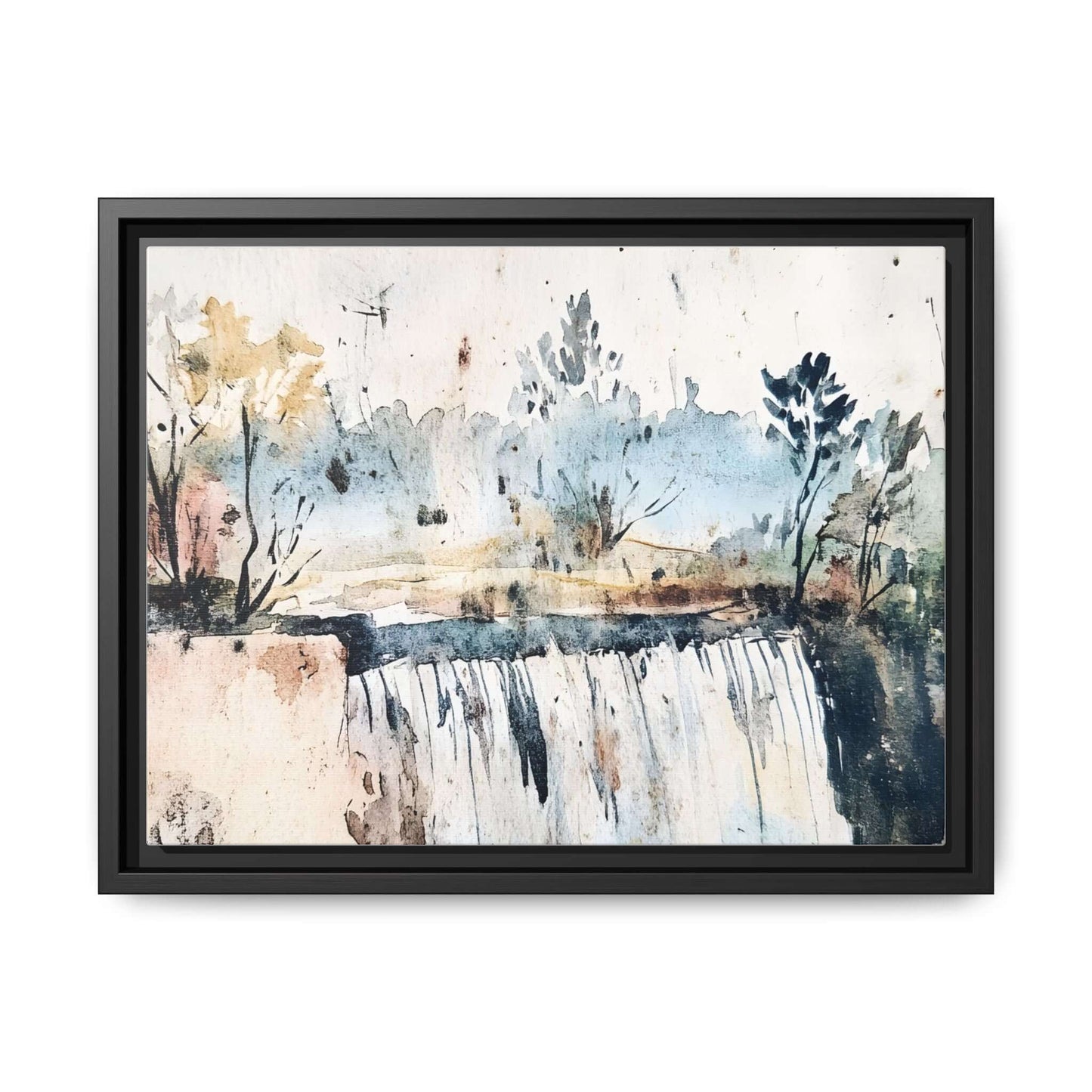 Framed watercolor wall art featuring a serene landscape with trees and a waterfall, perfect for home decor.