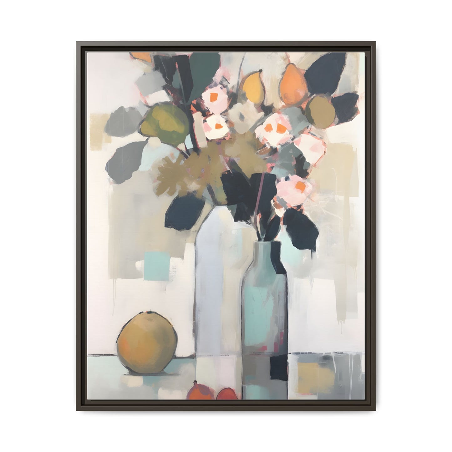 Modern Floral Still Life Wall Art – Framed Canvas with Bold Leaves and Citrus in Vase, a vibrant addition to home décor.