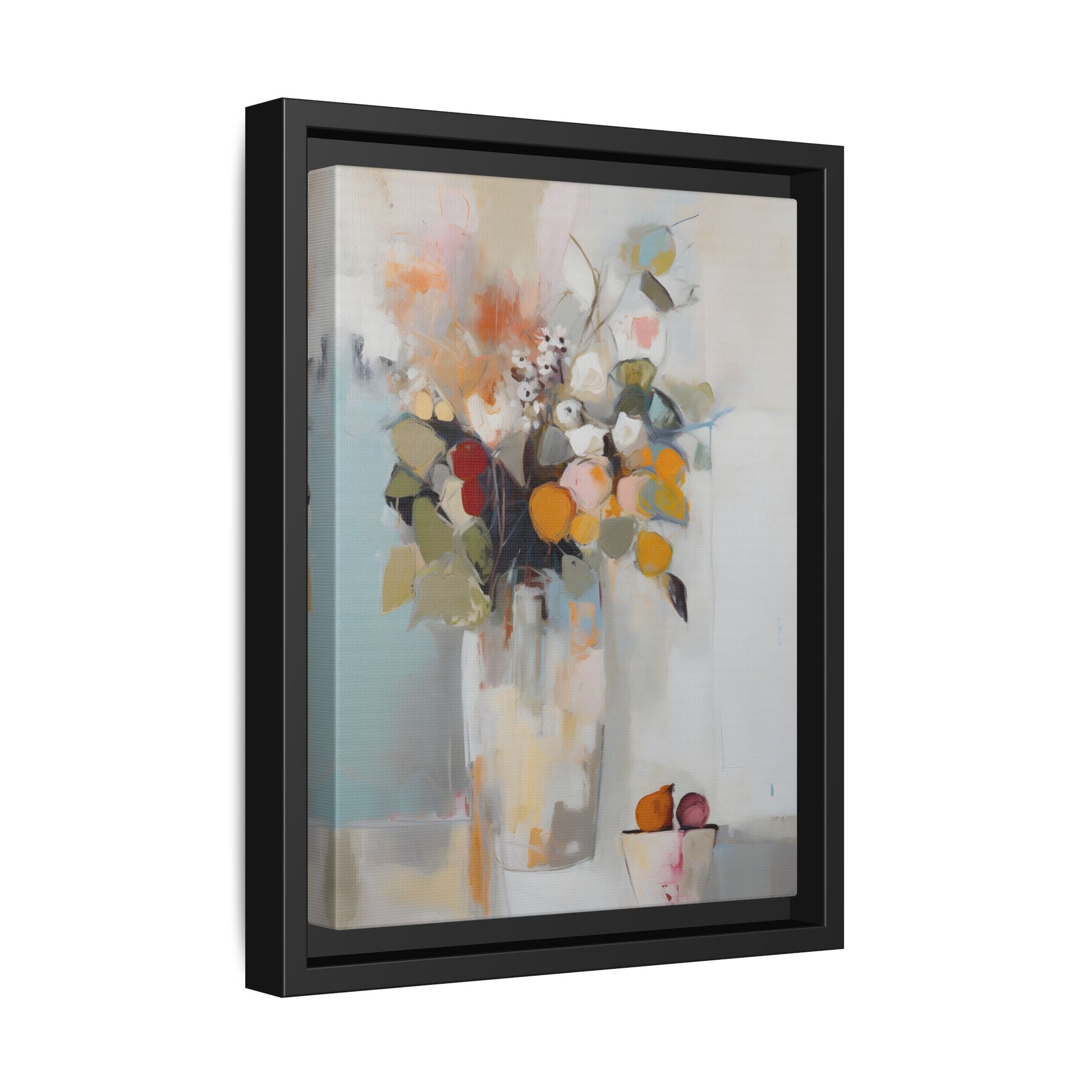 Colorful Floral Still Life Wall Art – Framed Abstract Canvas with Bright Blooms and Fruit Bowl featuring vibrant hues for home decor.