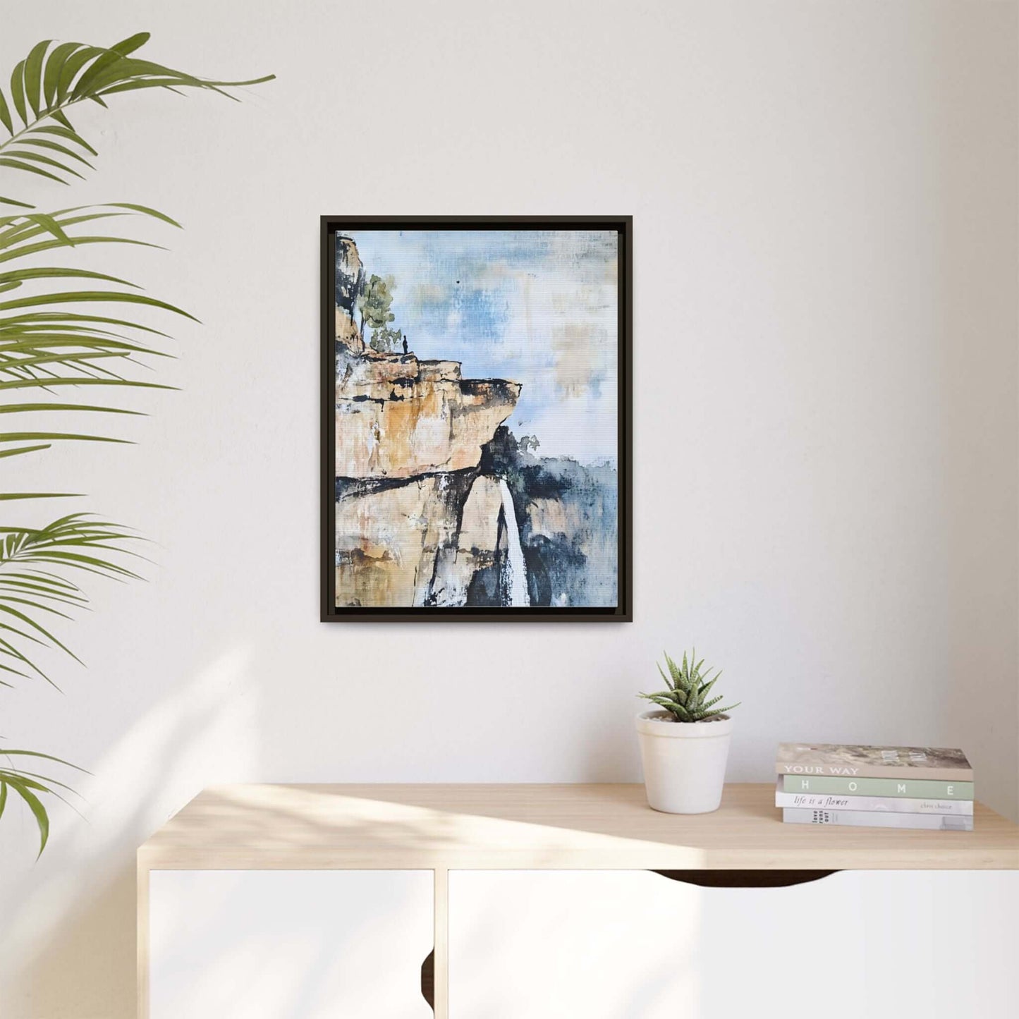 Impressionistic scenic landscape waterfall canvas art in a living room setting, adding a serene and calming presence to the room.
