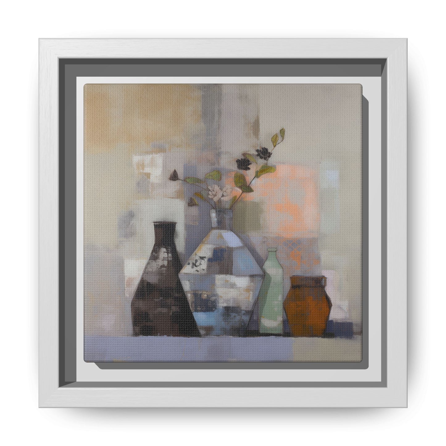 Earthy Bottle Still Life Wall Art – Framed Abstract Canvas with Geometric Vases in Neutral Tones featuring brown, terracotta colors.
