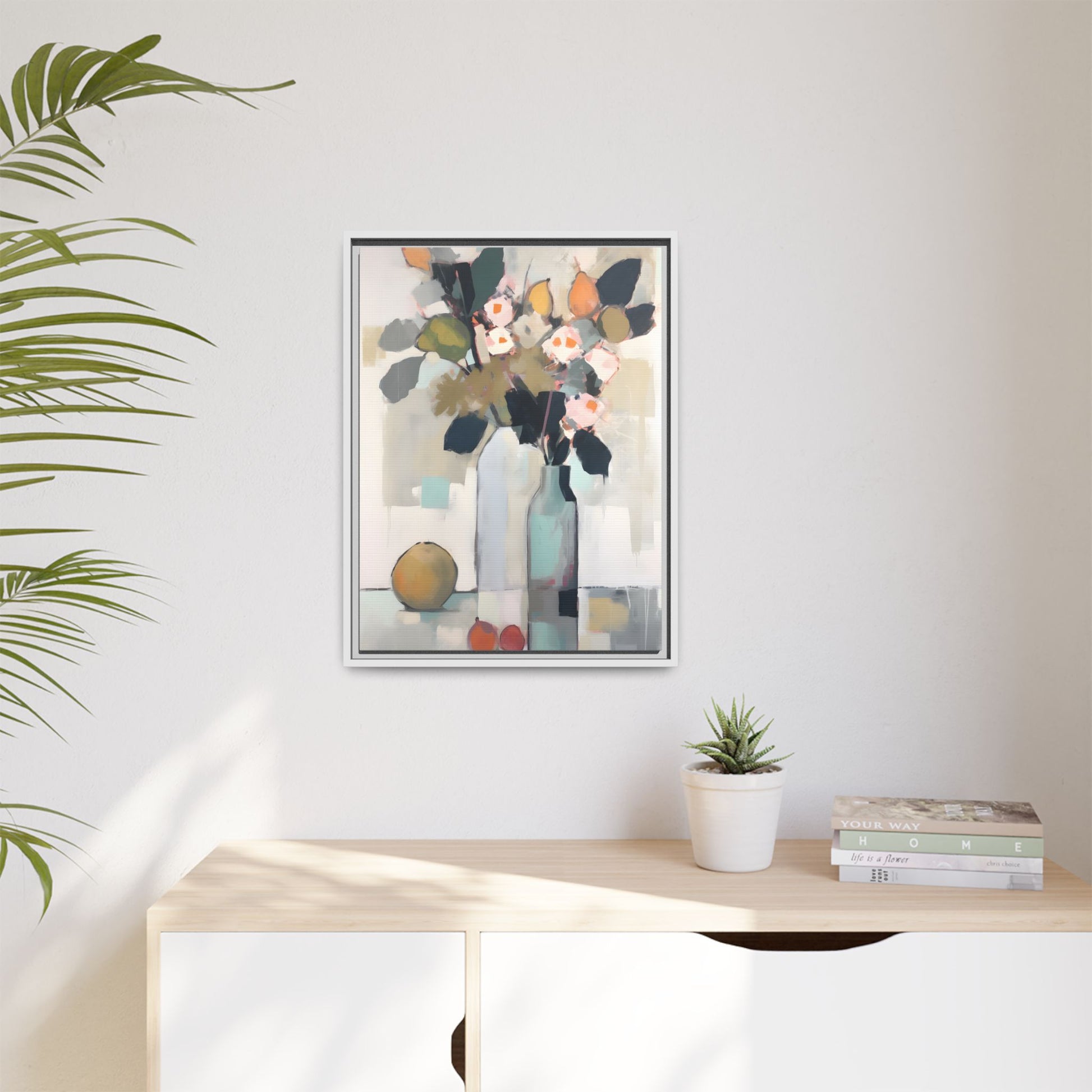 Modern Floral Still Life Wall Art – Framed Canvas with Bold Leaves and Citrus in Vase in living space