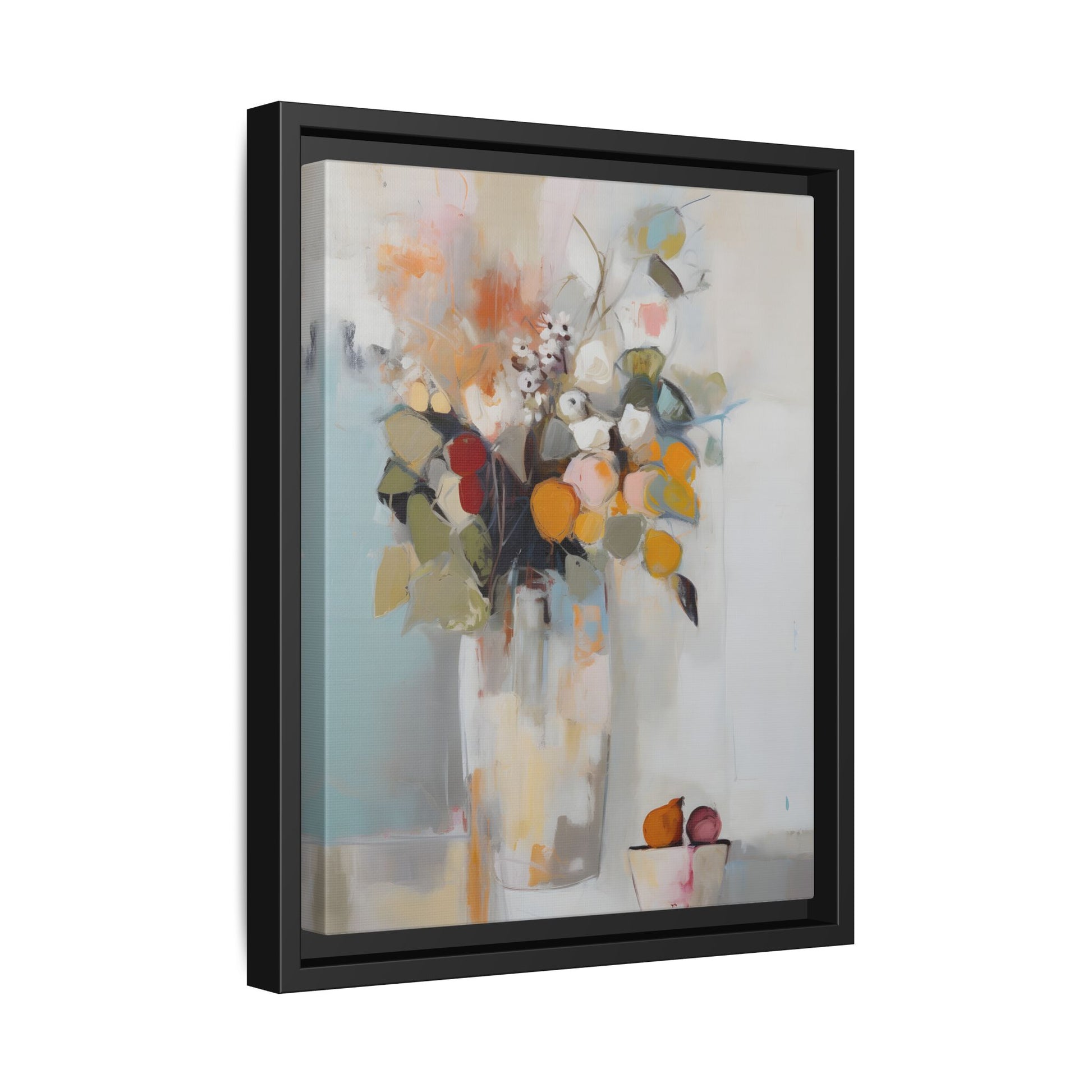 Colorful Floral Still Life Wall Art – Framed Abstract Canvas with Bright Blooms and Fruit Bowl in vibrant colors.